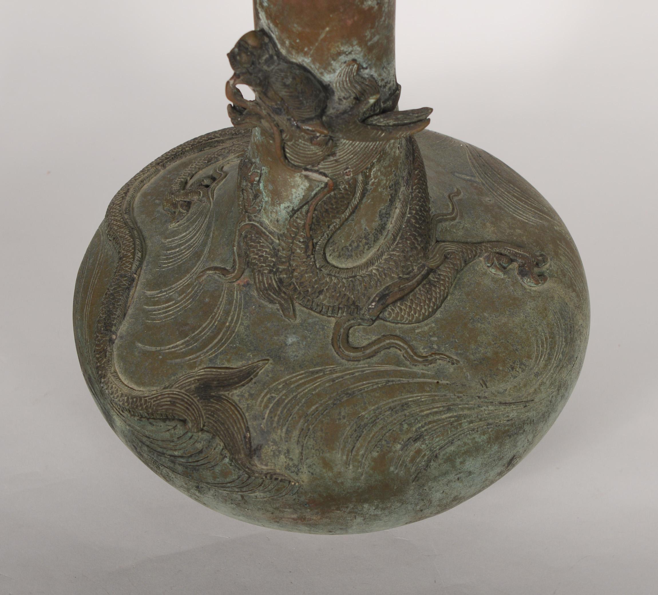 20th Century Patinated Chinese Bronze Vase with a Dragon