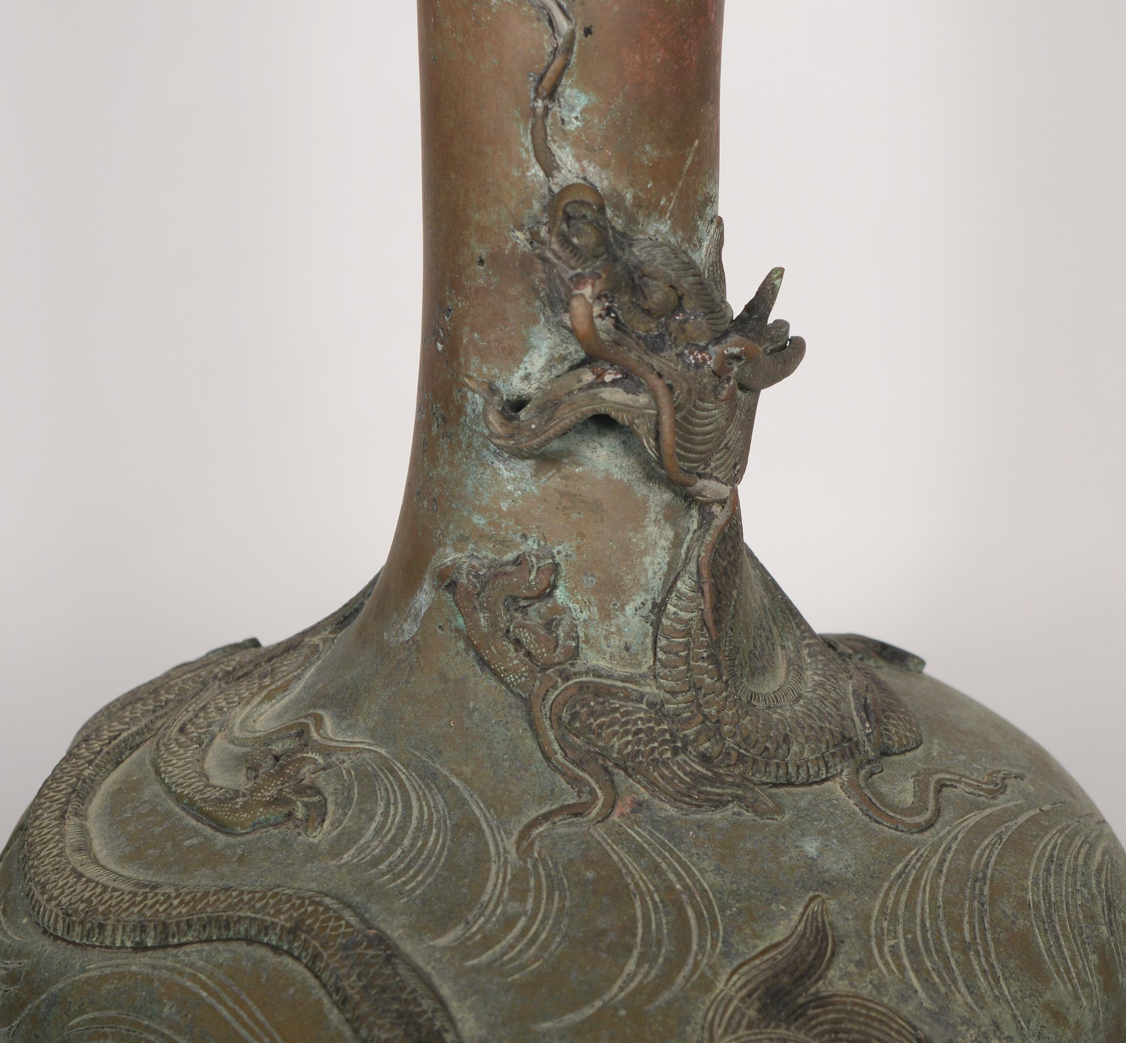 Patinated Chinese Bronze Vase with a Dragon 3