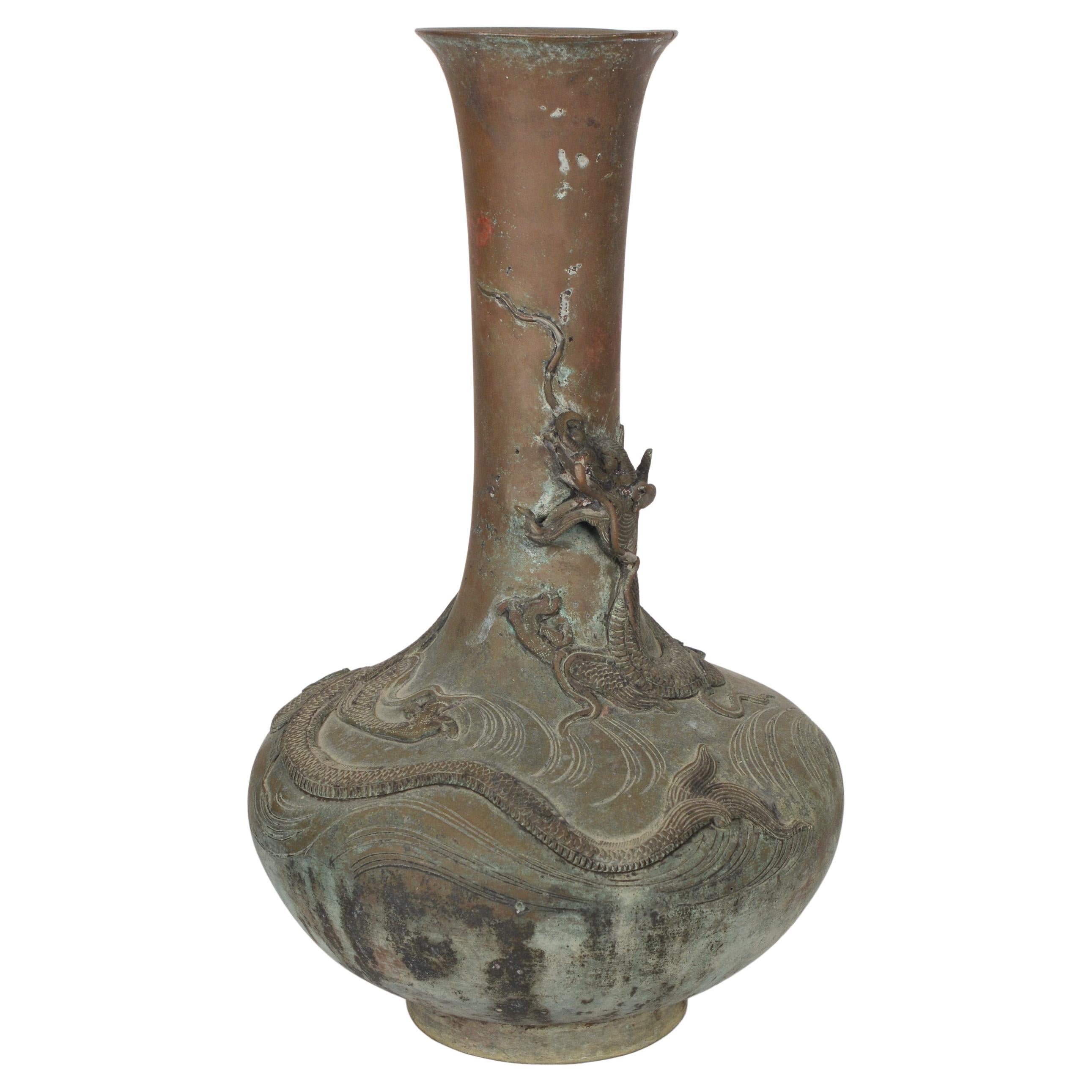 Patinated Chinese Bronze Vase with a Dragon