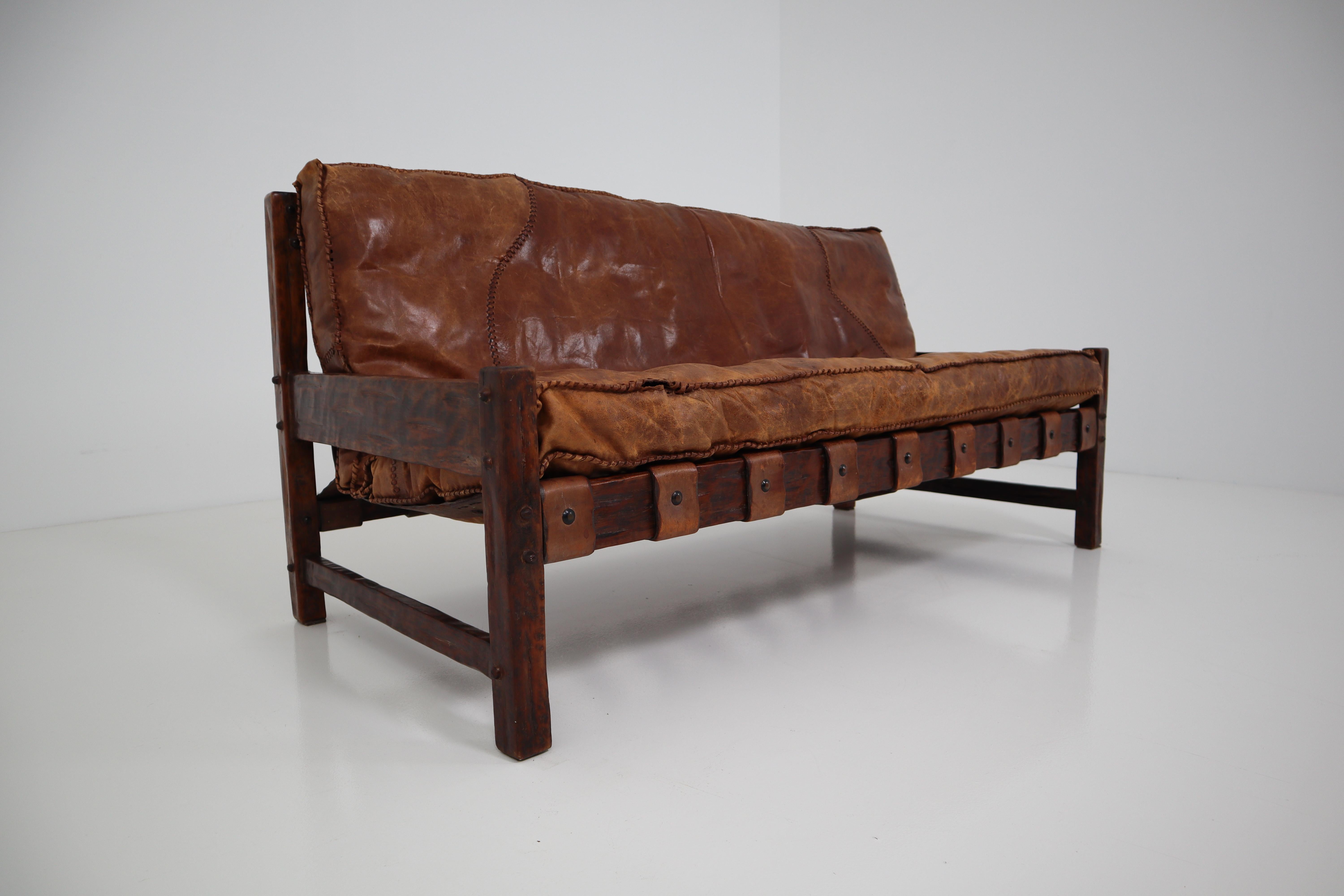 Mid-Century Modern Patinated Cognac Leather Brazilian Modern Design Sofa, 1960s