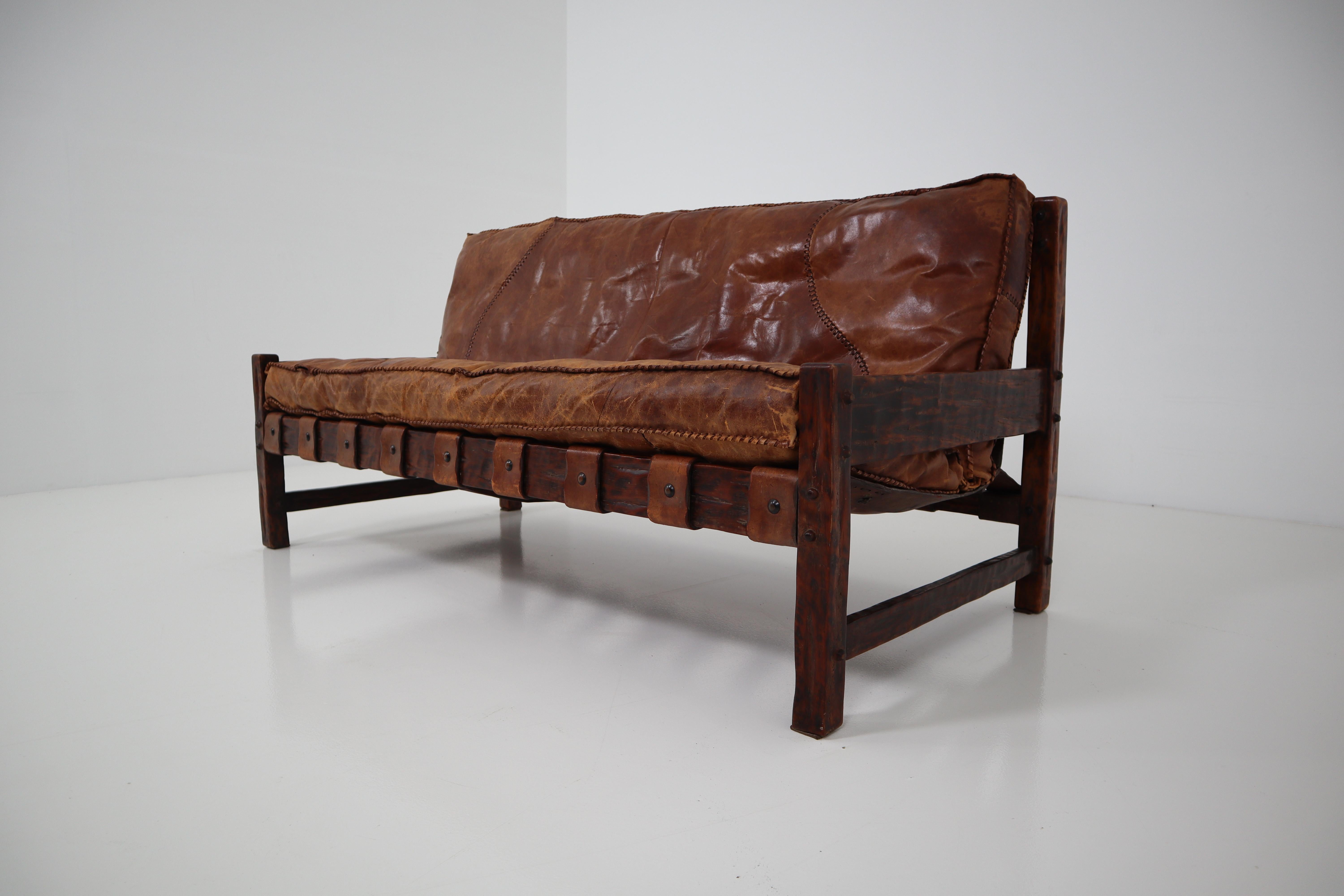 Patinated Cognac Leather Brazilian Modern Design Sofa, 1960s In Good Condition In Almelo, NL