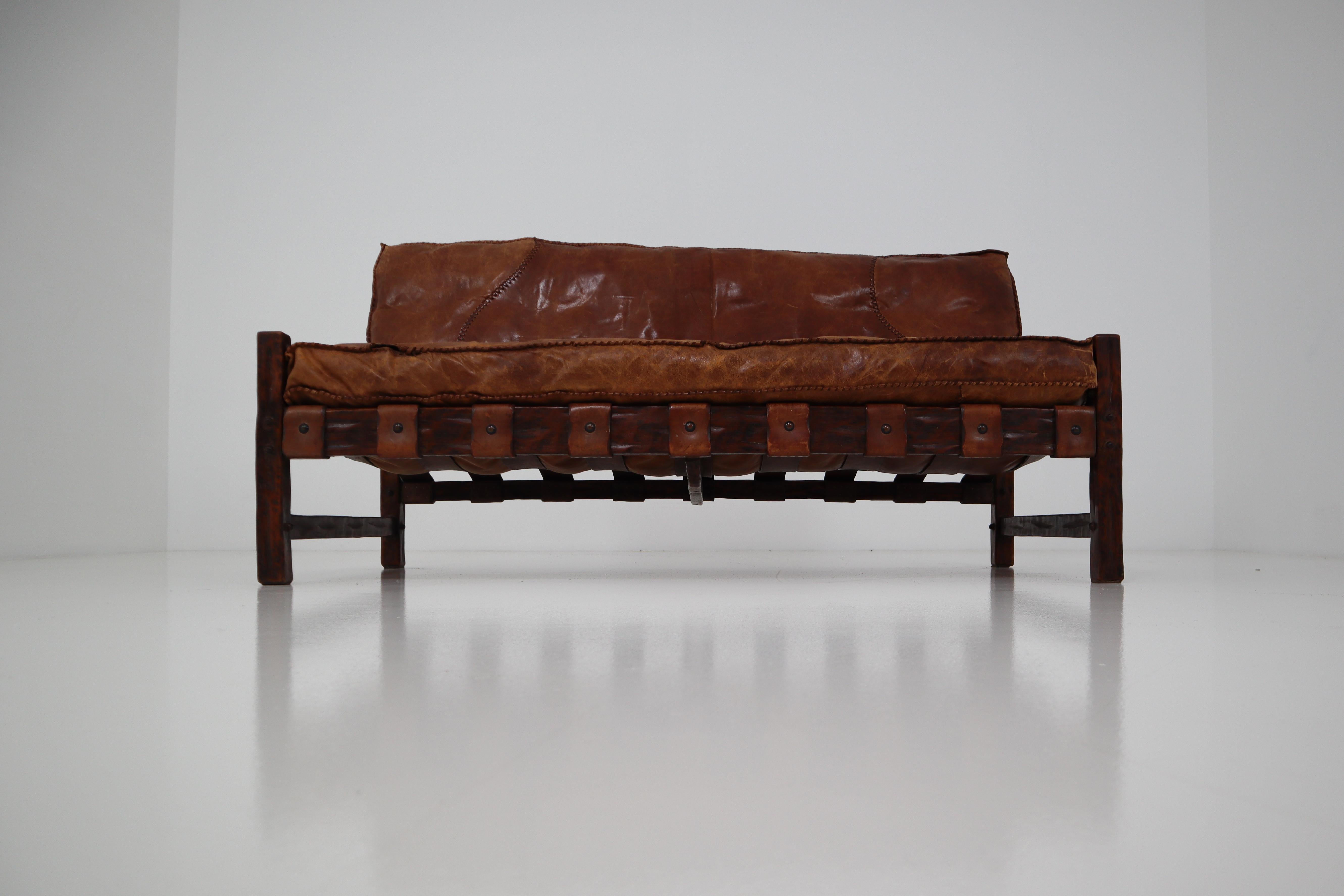 Patinated Cognac Leather Brazilian Modern Design Sofa, 1960s 1