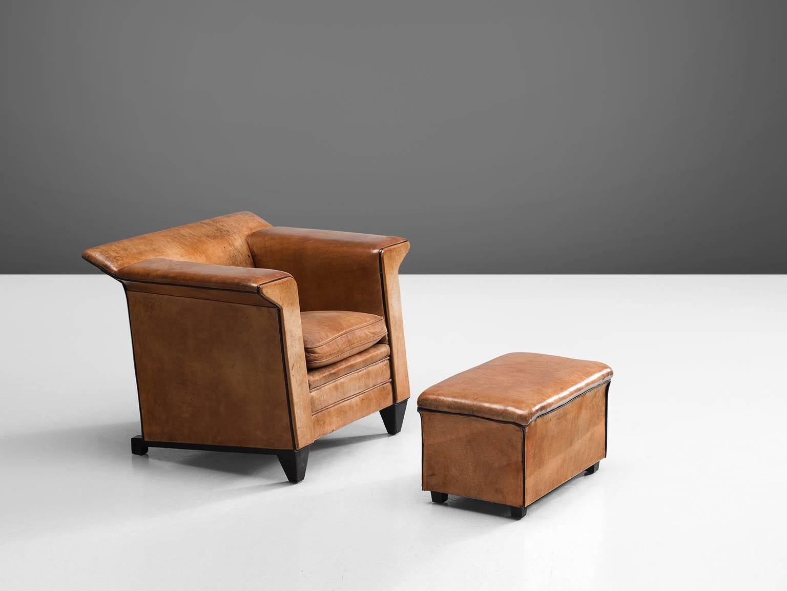 Mid-Century Modern Patinated Cognac Leather Club Chair with Ottoman, 1960s