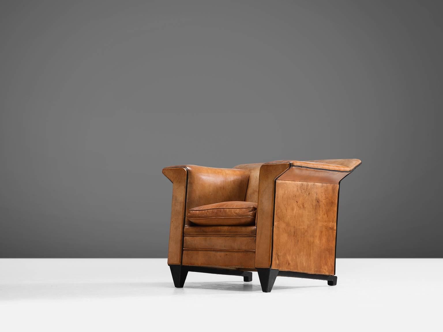 Patinated Cognac Leather Club Chair with Ottoman, 1960s In Good Condition In Waalwijk, NL