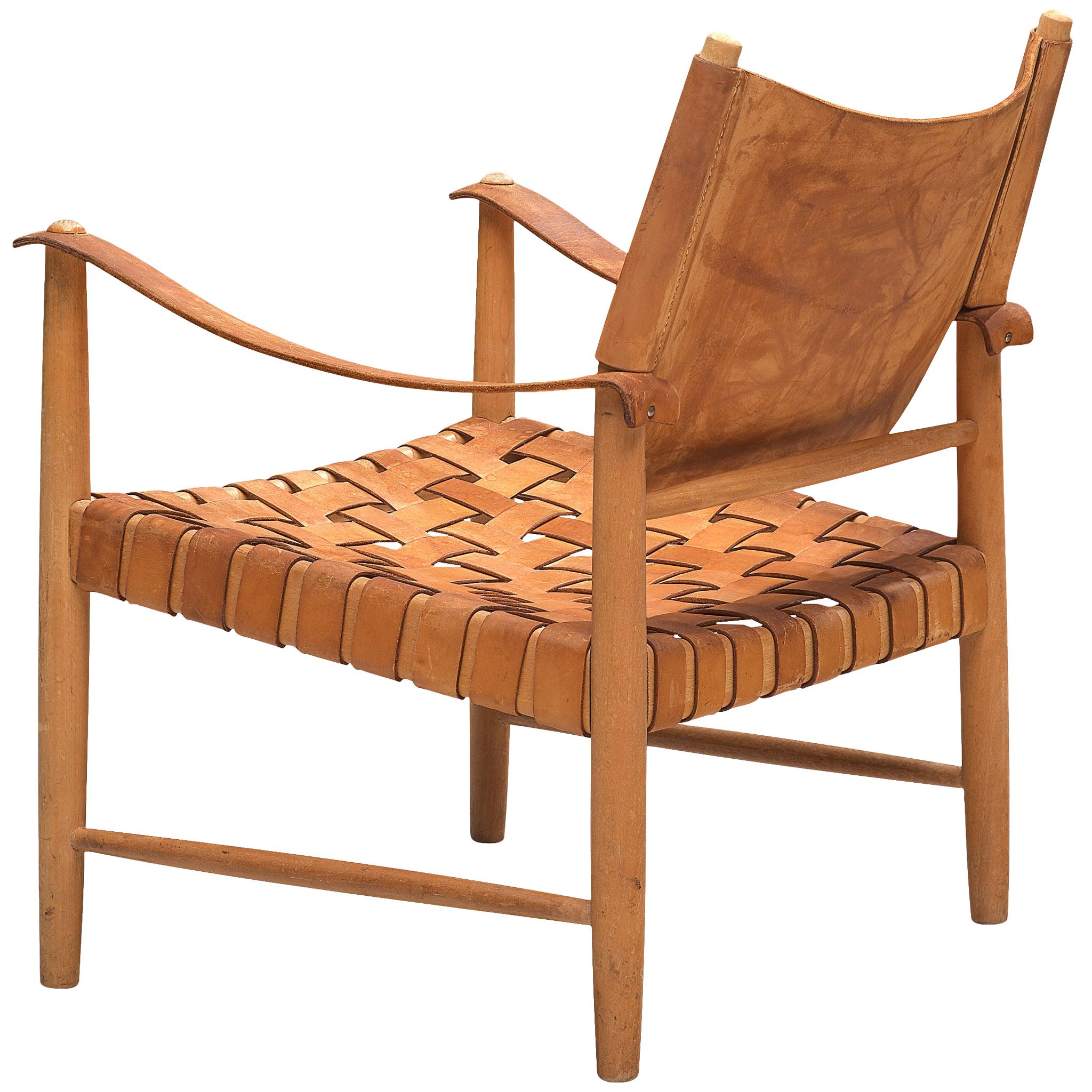 Patinated Cognac Leather Safari Chair, Denmark, 1950s