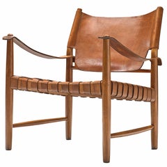 Patinated Cognac Leather Safari Chair, Denmark, 1950s