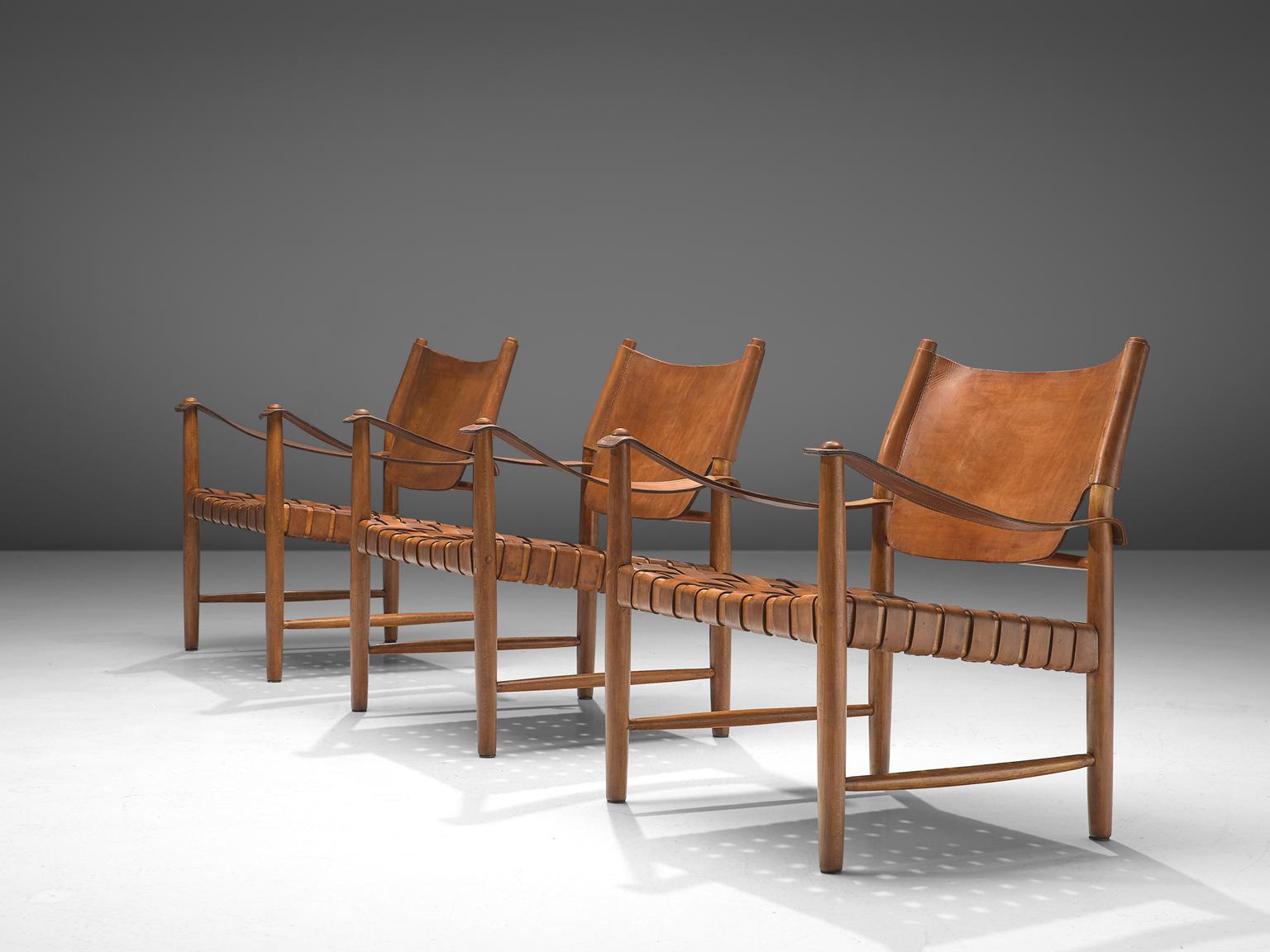 Patinated Cognac Leather Safari Chairs, Denmark, 1950s In Good Condition In Waalwijk, NL