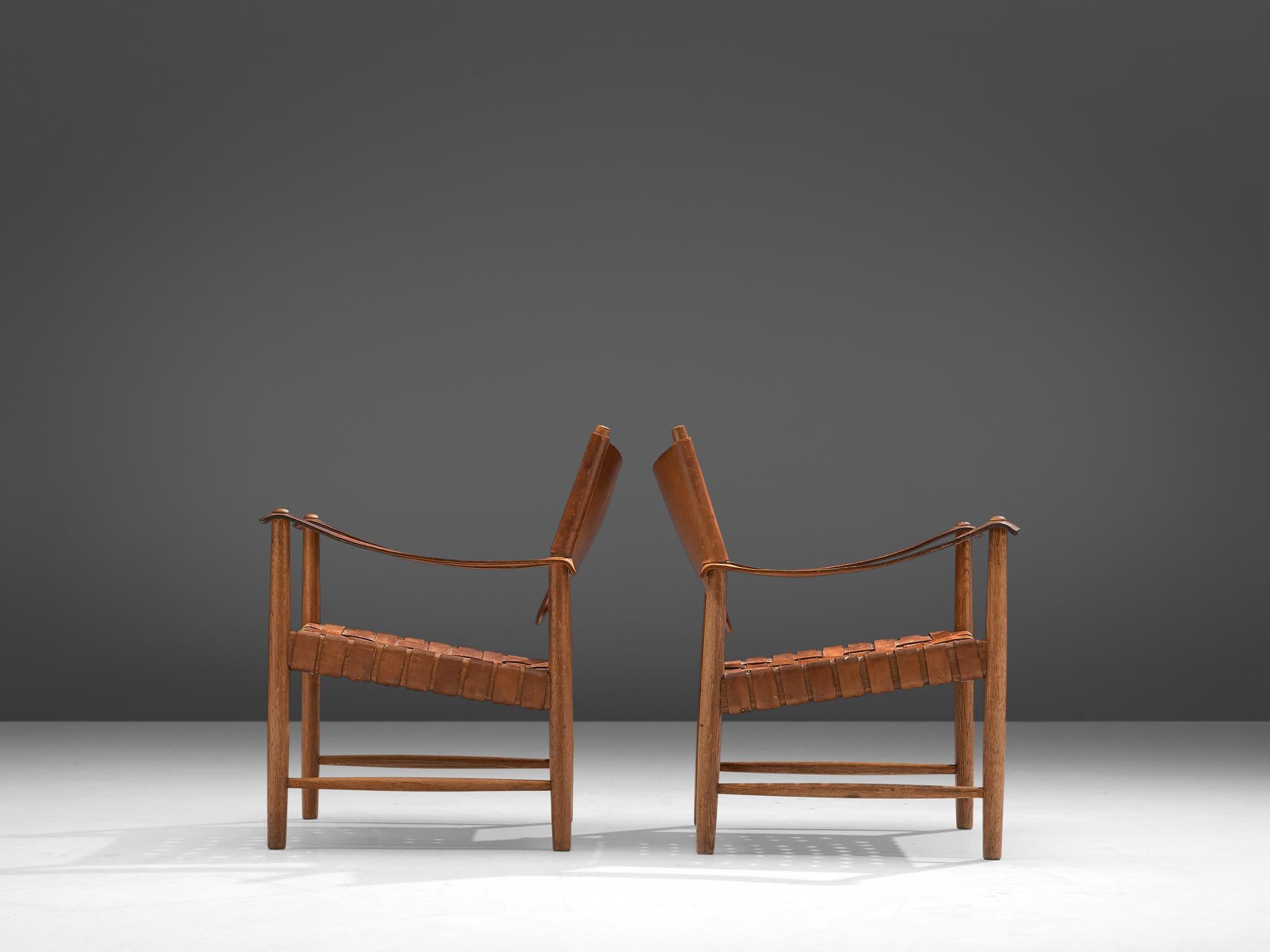 Patinated Cognac Leather Safari Chairs, Denmark, 1950s In Good Condition In Waalwijk, NL