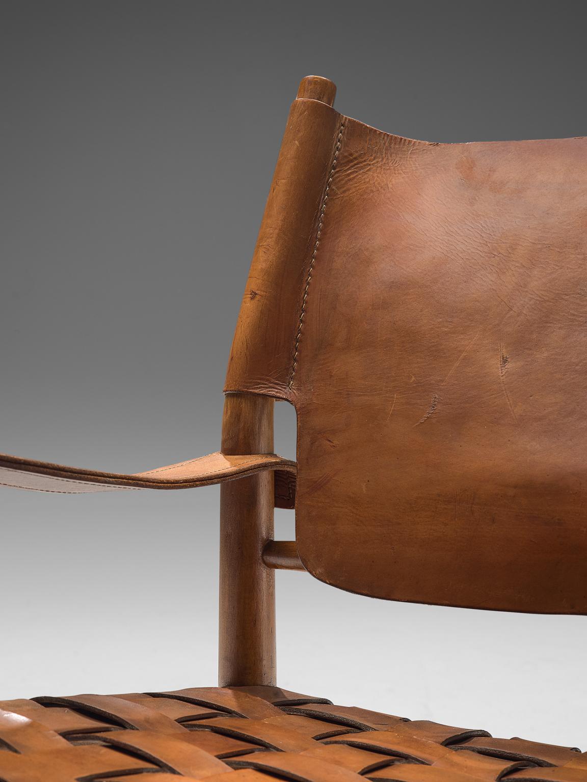 Mid-20th Century Patinated Cognac Leather Safari Chairs, Denmark, 1950s