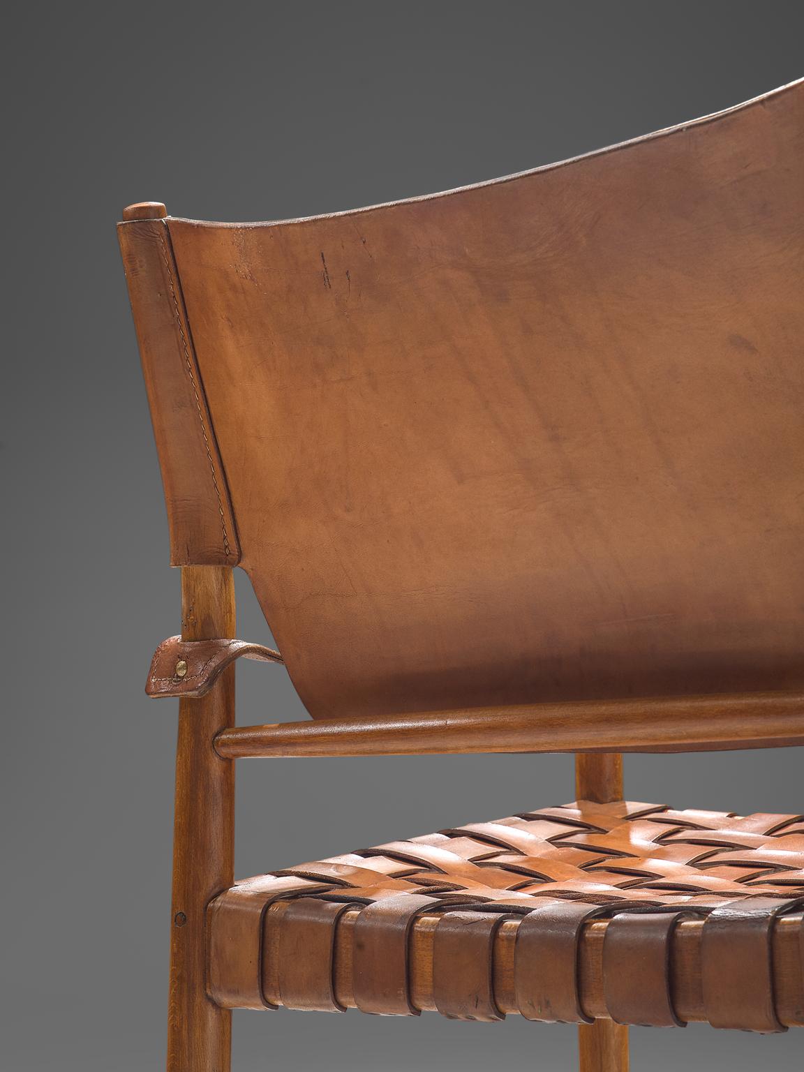 Beech Patinated Cognac Leather Safari Chairs, Denmark, 1950s