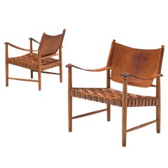 Patinated Cognac Leather Safari Chairs, Denmark, 1950s