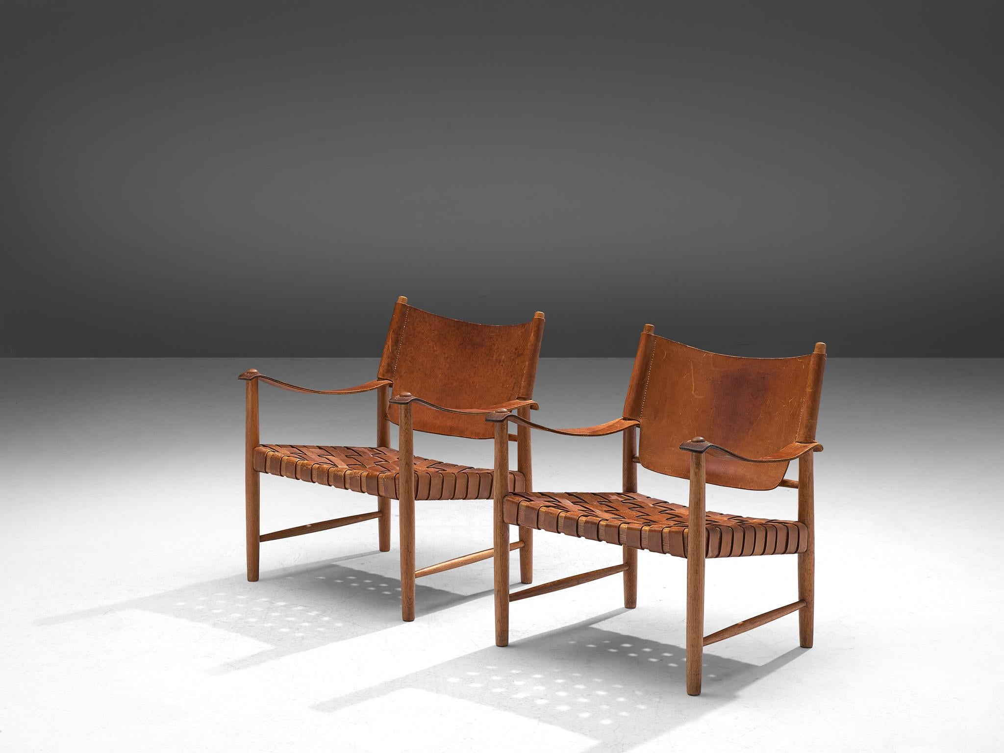 Danish Patinated Cognac Leather Safari Chairs