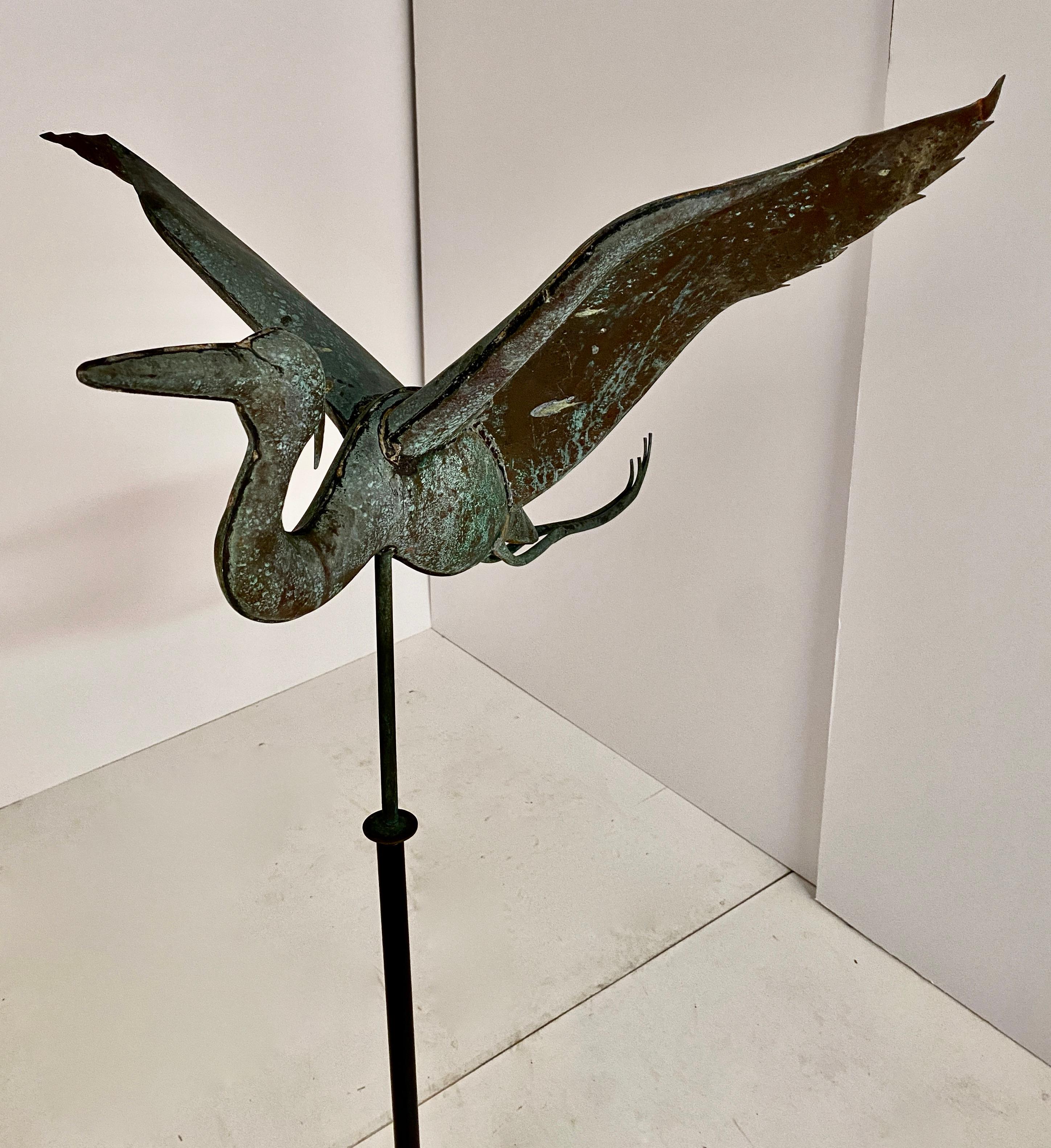 Folk Art Patinated Copper Heron-form Weathervane