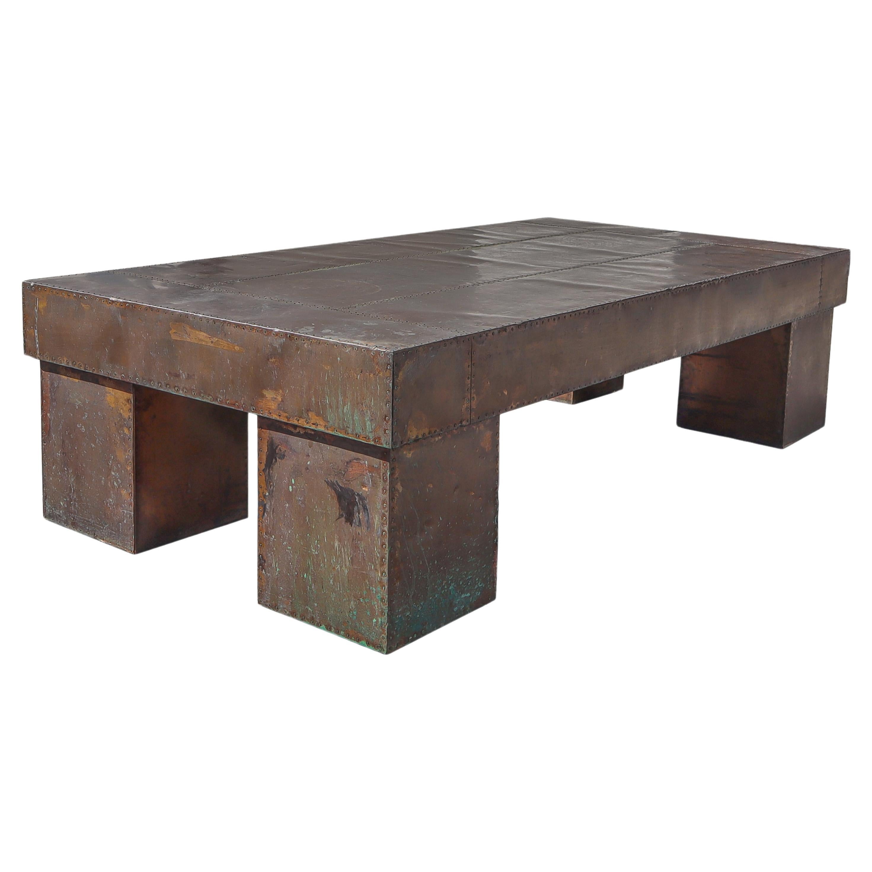 Patinated Copper Patchwork Coffee Table For Sale