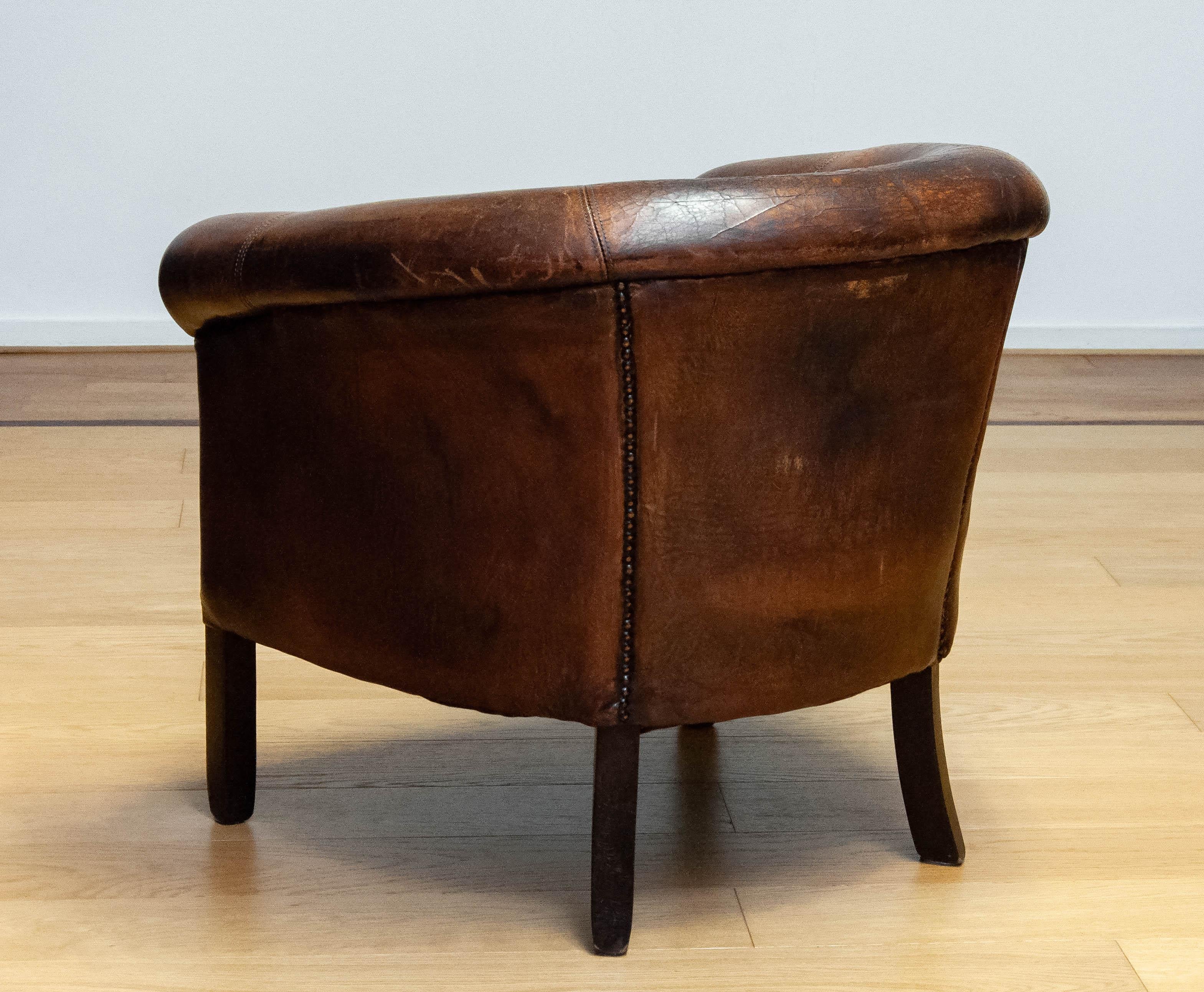 Patinated Dark Brown Dutch Colonial Sheepskin Lounge Club Chair. 1960s For Sale 3