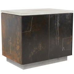 Patinated & Drawn Steel, Cast Concrete and Walnut "S.O. Side Table v2" Cabinet