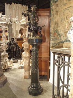 Patinated French Bronze Statue of Hunter and Hounds on Marble Pedestal