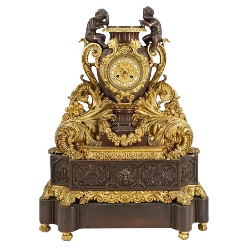 Patinated & Gilt Bronze Christofle Movement Mantle Clock