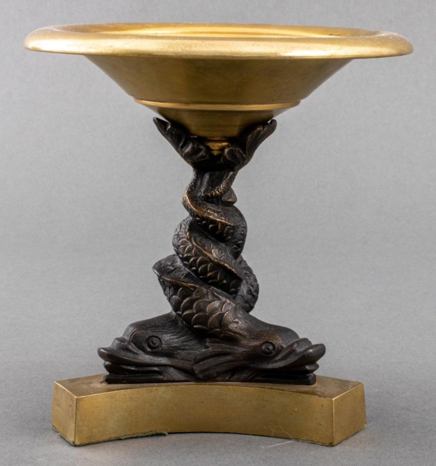 Grand Tour Patinated and Gilt Bronze Tazza with Dolphin Motif For Sale