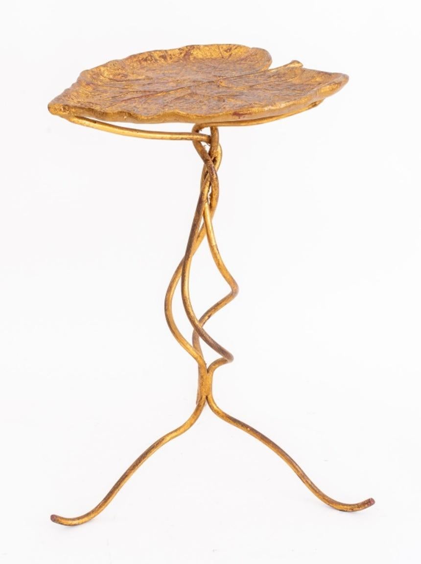 Patinated gilt metal leaf gueridon side table raised on twisted pedestal ending with three cabriole legs. 21.5