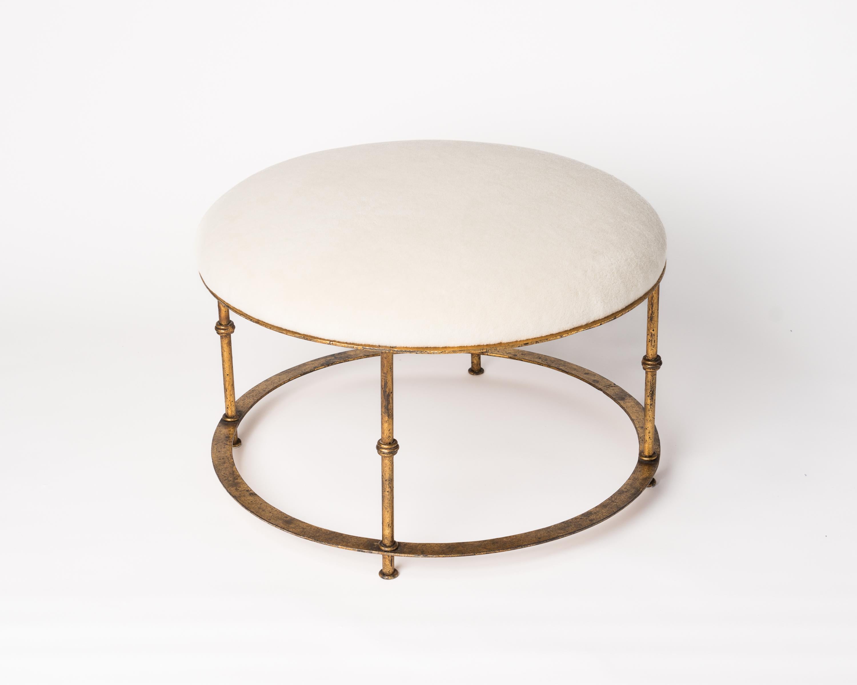 Unique gilt patina over steel ottoman. In the style of Maison Ramsay. New Pierre Frey 
