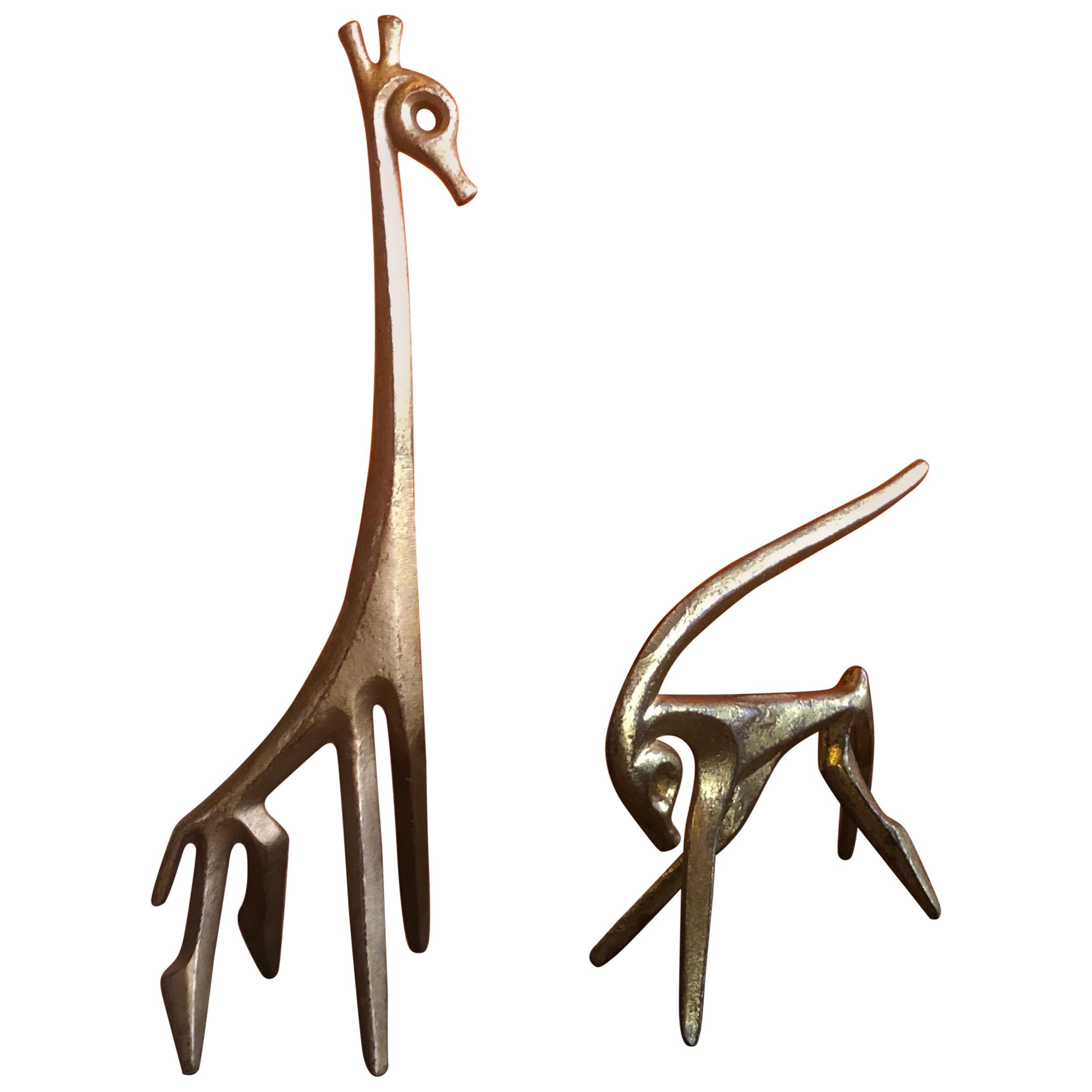 Patinated Giraffe and Gazelle Bronze Sculptures by Frederic Weinberg