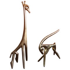 Vintage Patinated Giraffe and Gazelle Bronze Sculptures by Frederic Weinberg