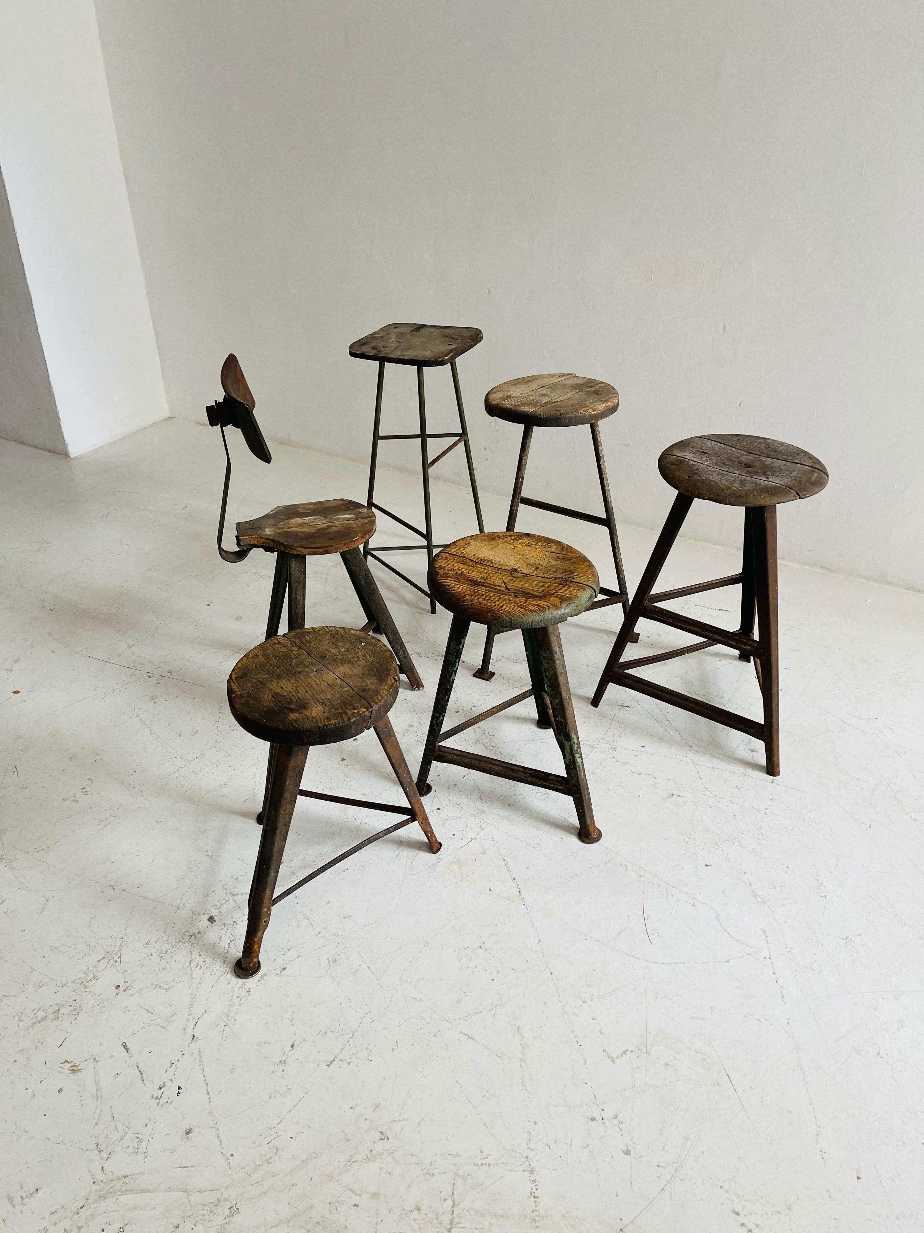 Austrian Patinated Industrial Factory Stools Group of Six, Austria, 1930s For Sale