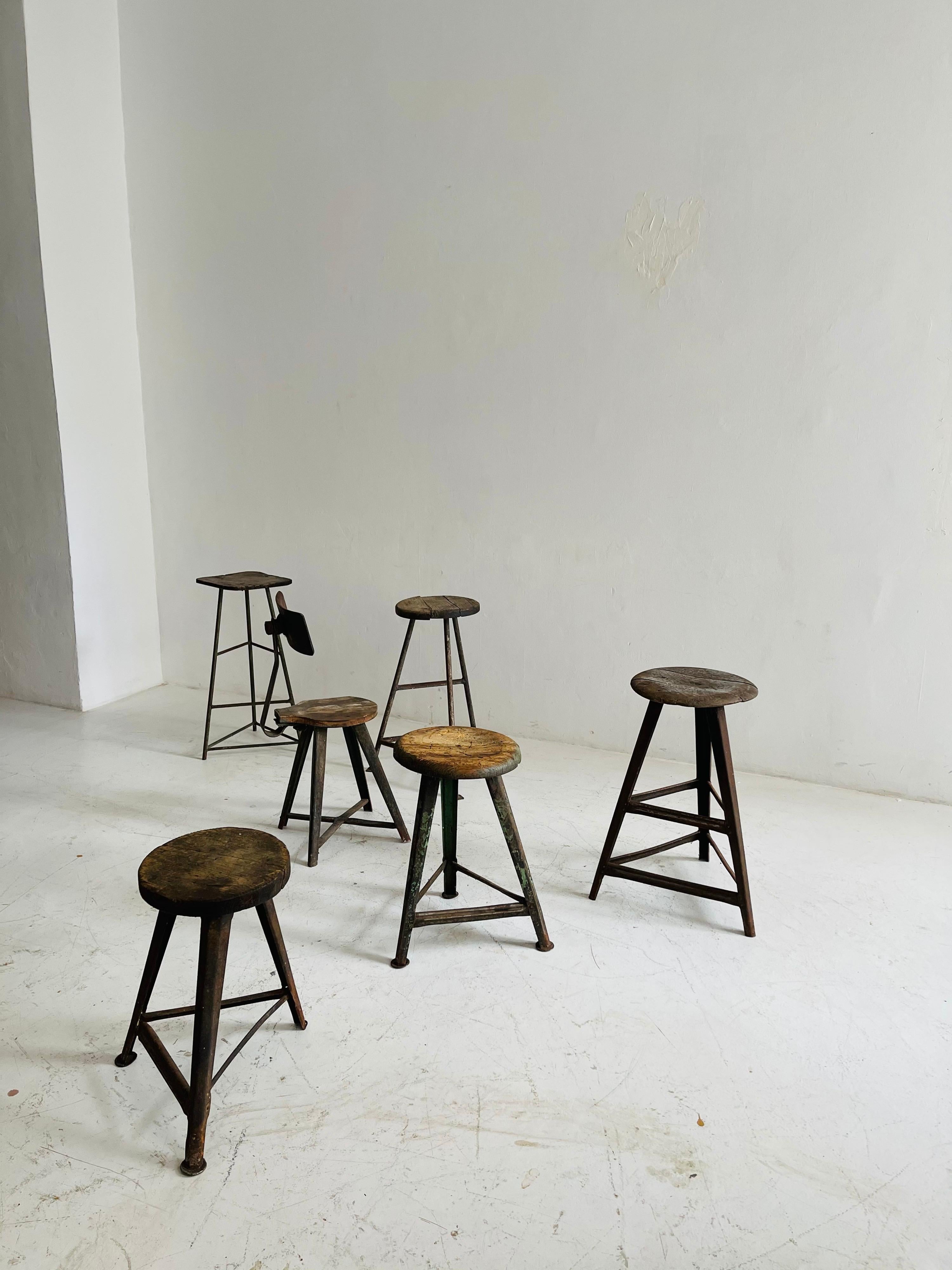 Mid-20th Century Patinated Industrial Factory Stools Group of Six, Austria, 1930s For Sale