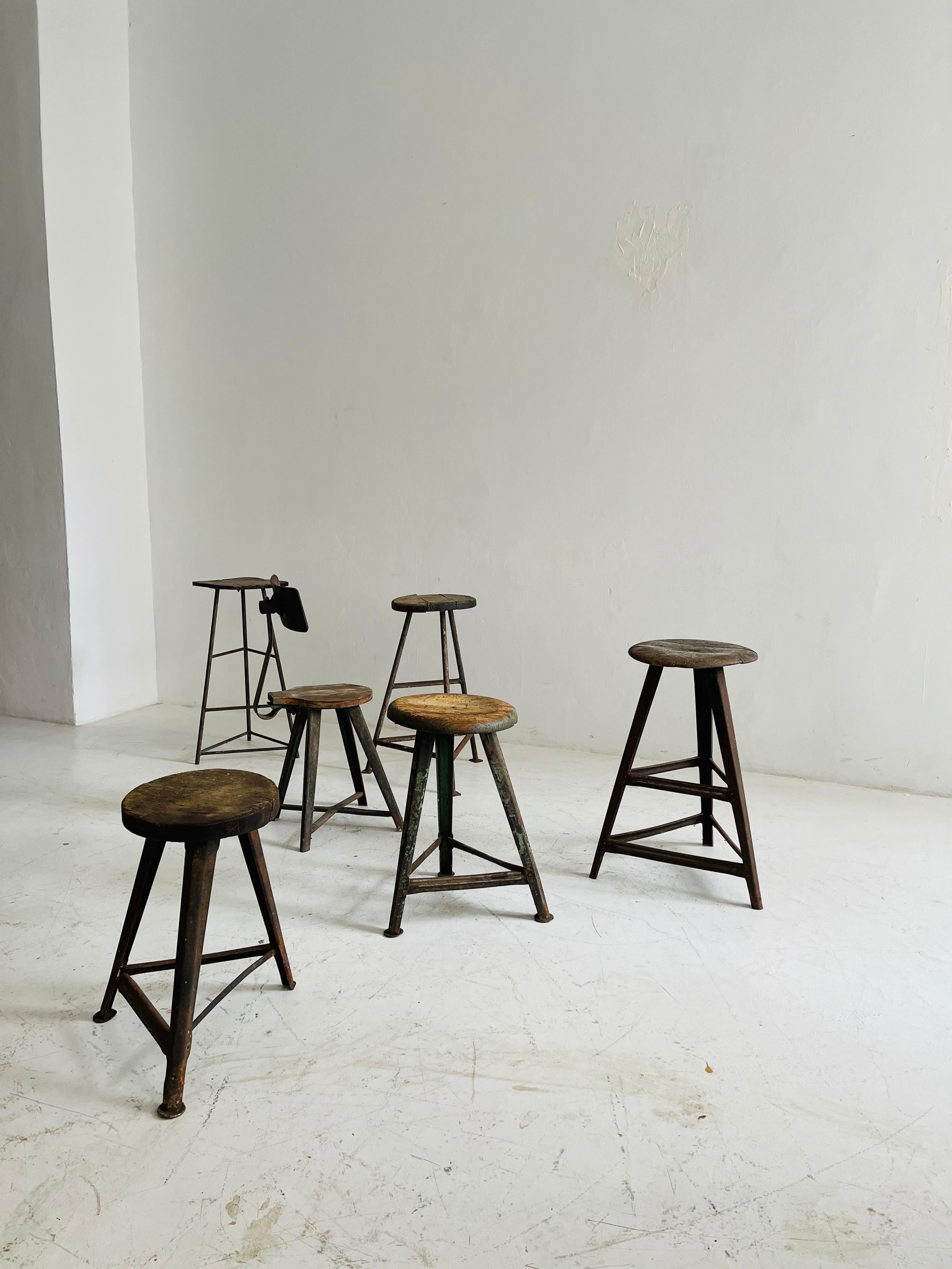 Metal Patinated Industrial Factory Stools Group of Six, Austria, 1930s For Sale