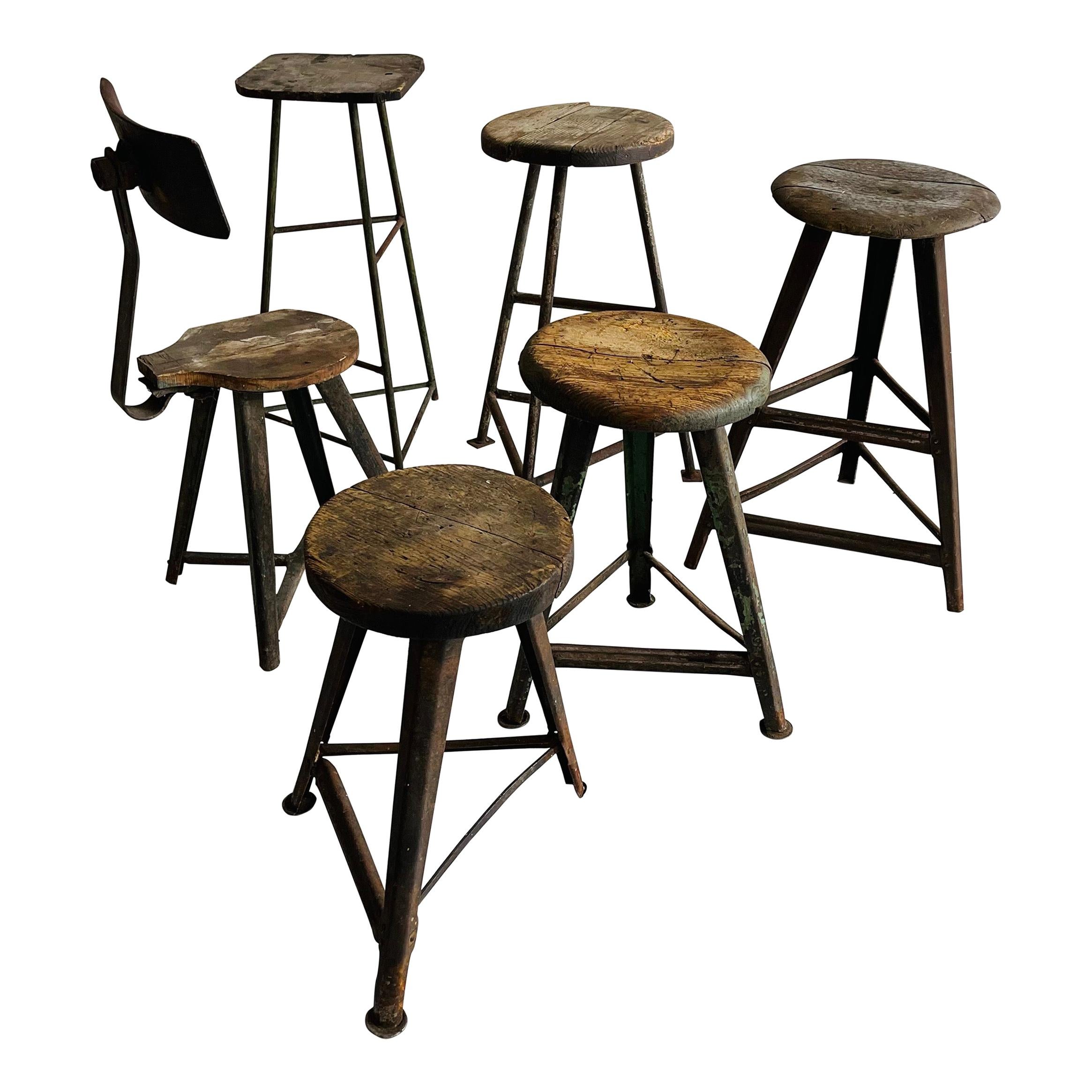 Patinated Industrial Factory Stools Group of Six, Austria, 1930s For Sale