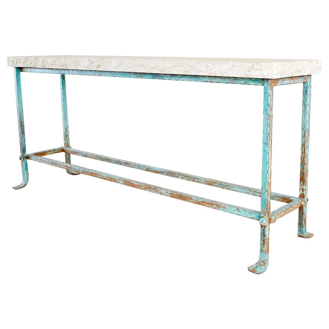 Patinated Iron and Stone Garden Console Table