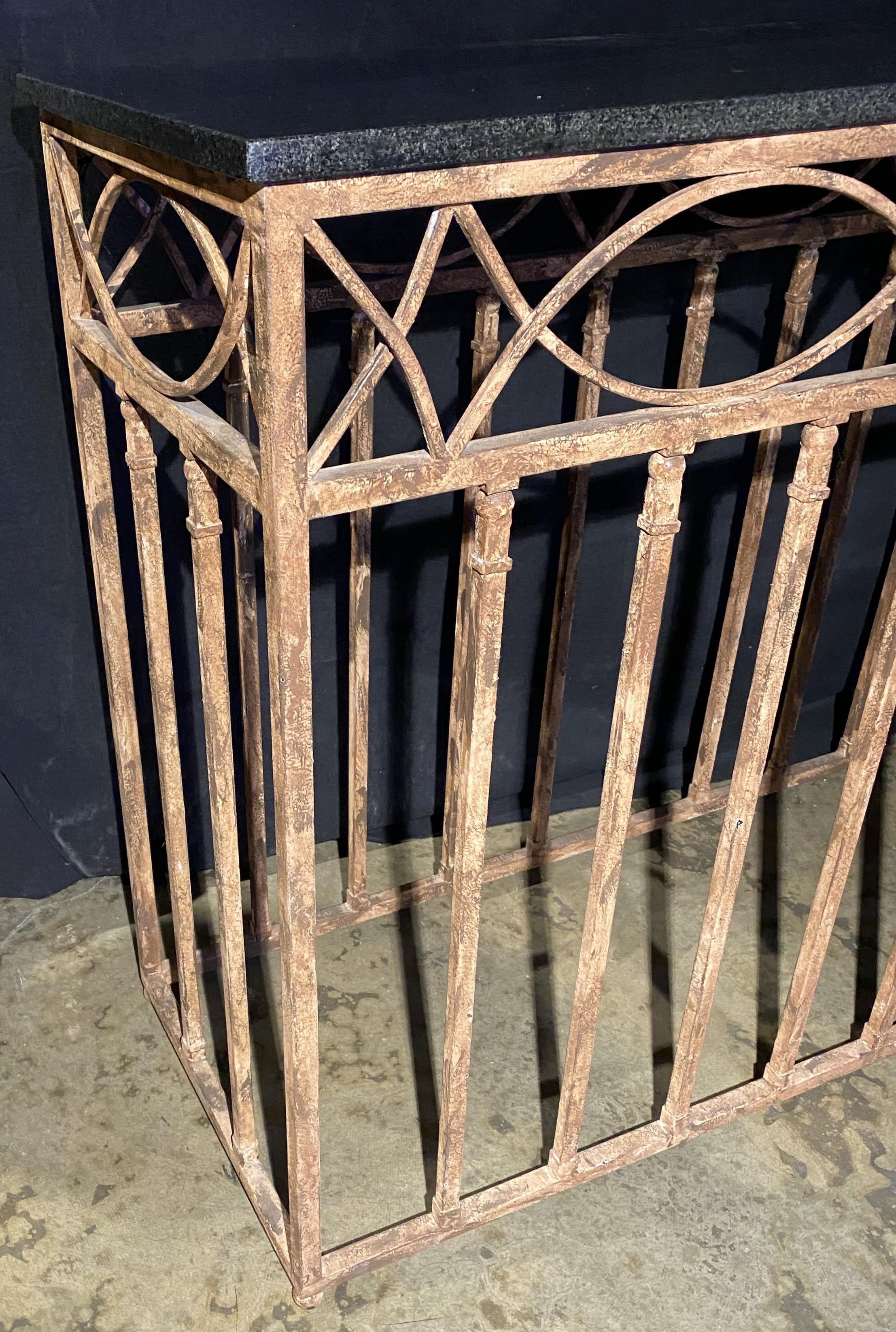 American Patinated Iron Console Table with Black Marble Top For Sale