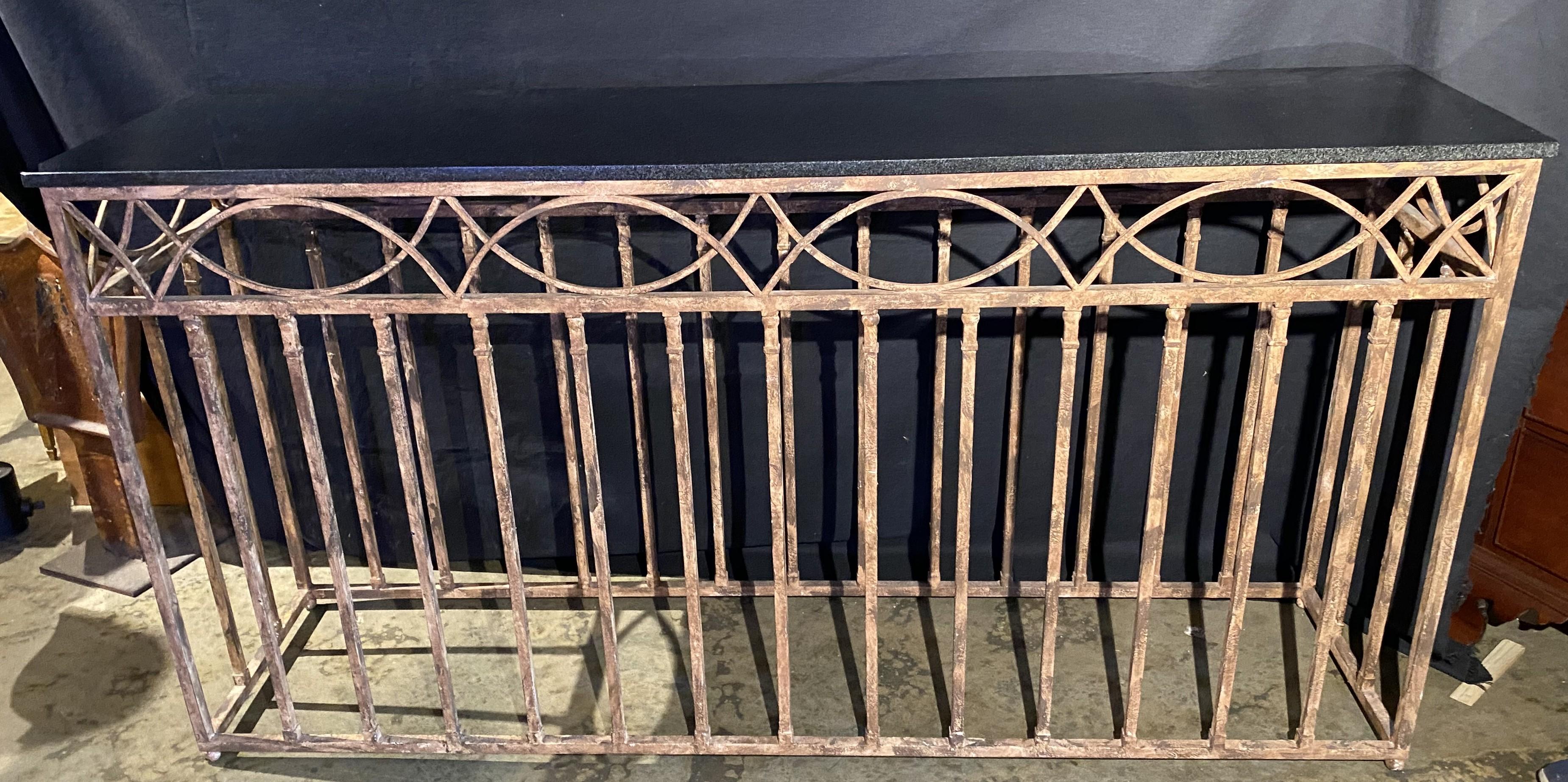 Patinated Iron Console Table with Black Marble Top In Good Condition For Sale In Milford, NH
