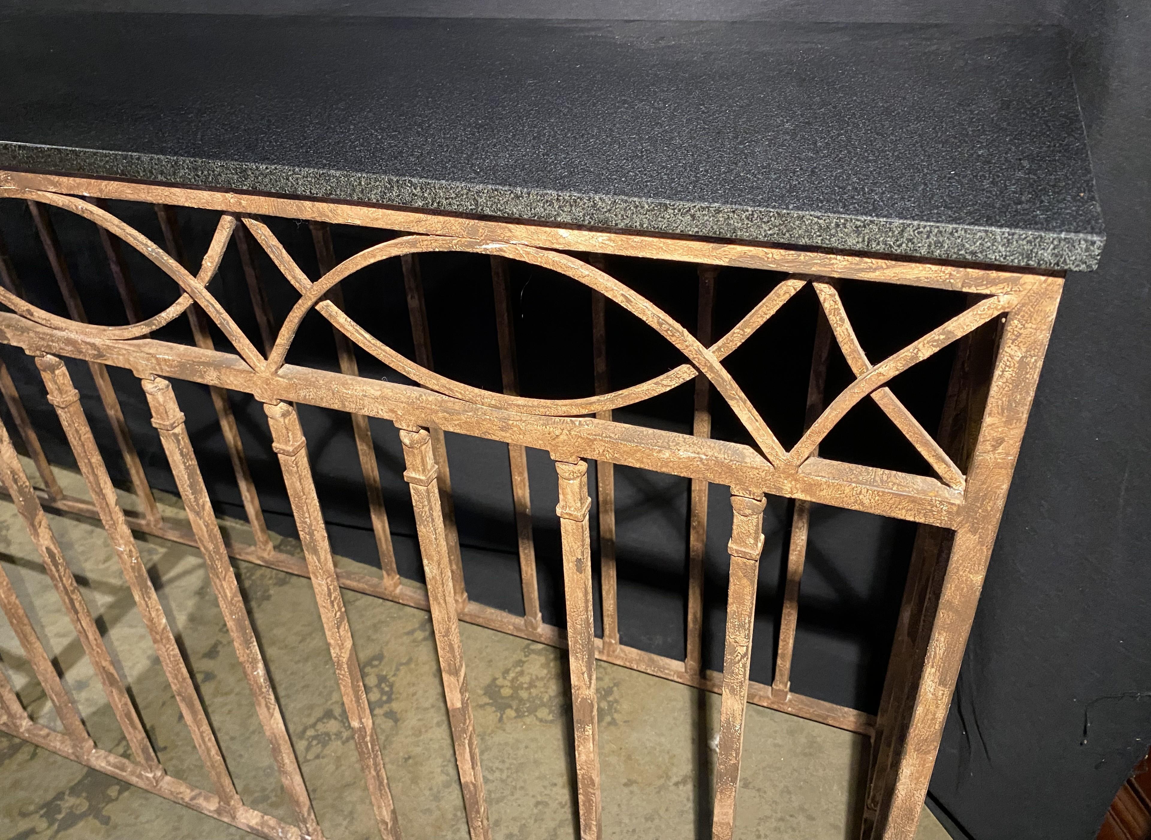 20th Century Patinated Iron Console Table with Black Marble Top For Sale