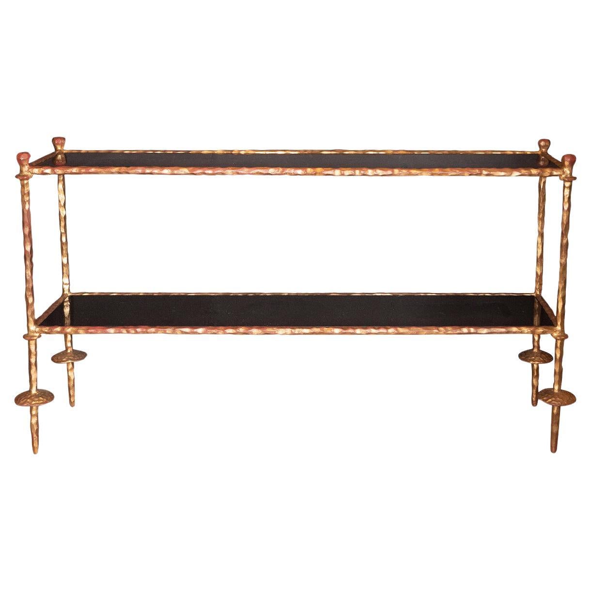 Pace Black Lacquer Console Table with Inset Granite Top and Brass