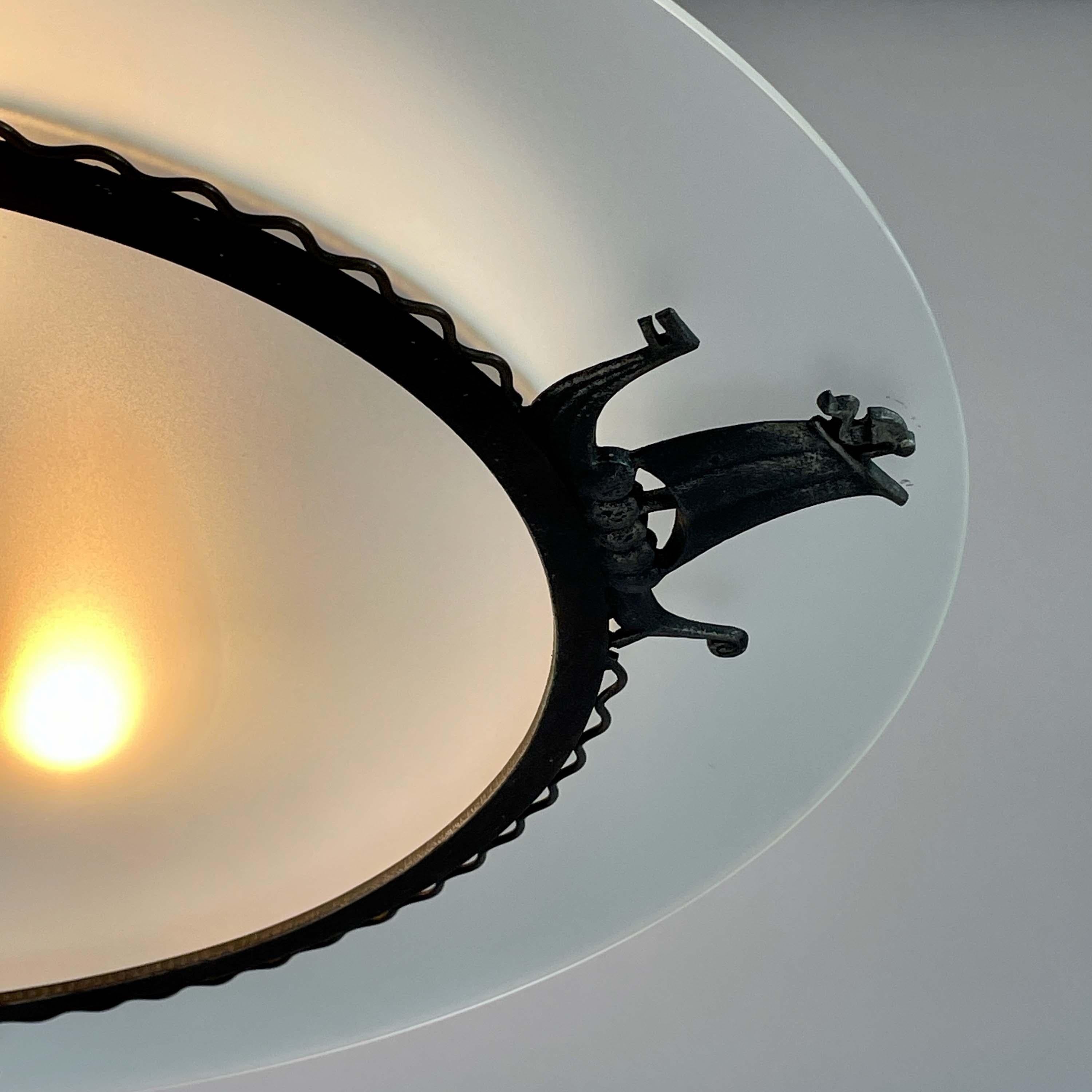 Patinated Iron, Glass & Parchment Ceiling Light by Bjerkås Armatur, Sweden 1940s For Sale 3