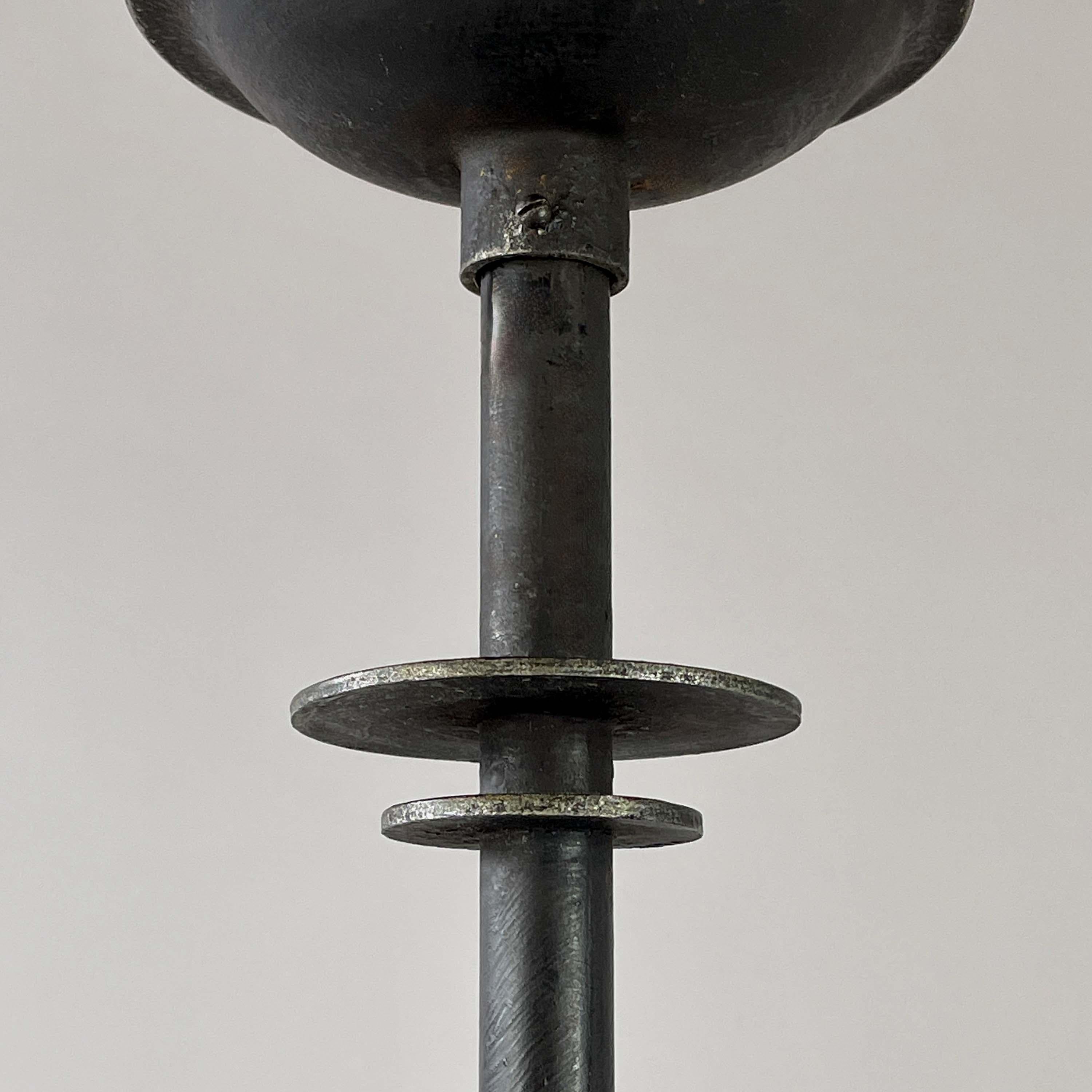 Patinated Iron, Glass & Parchment Ceiling Light by Bjerkås Armatur, Sweden 1940s For Sale 4