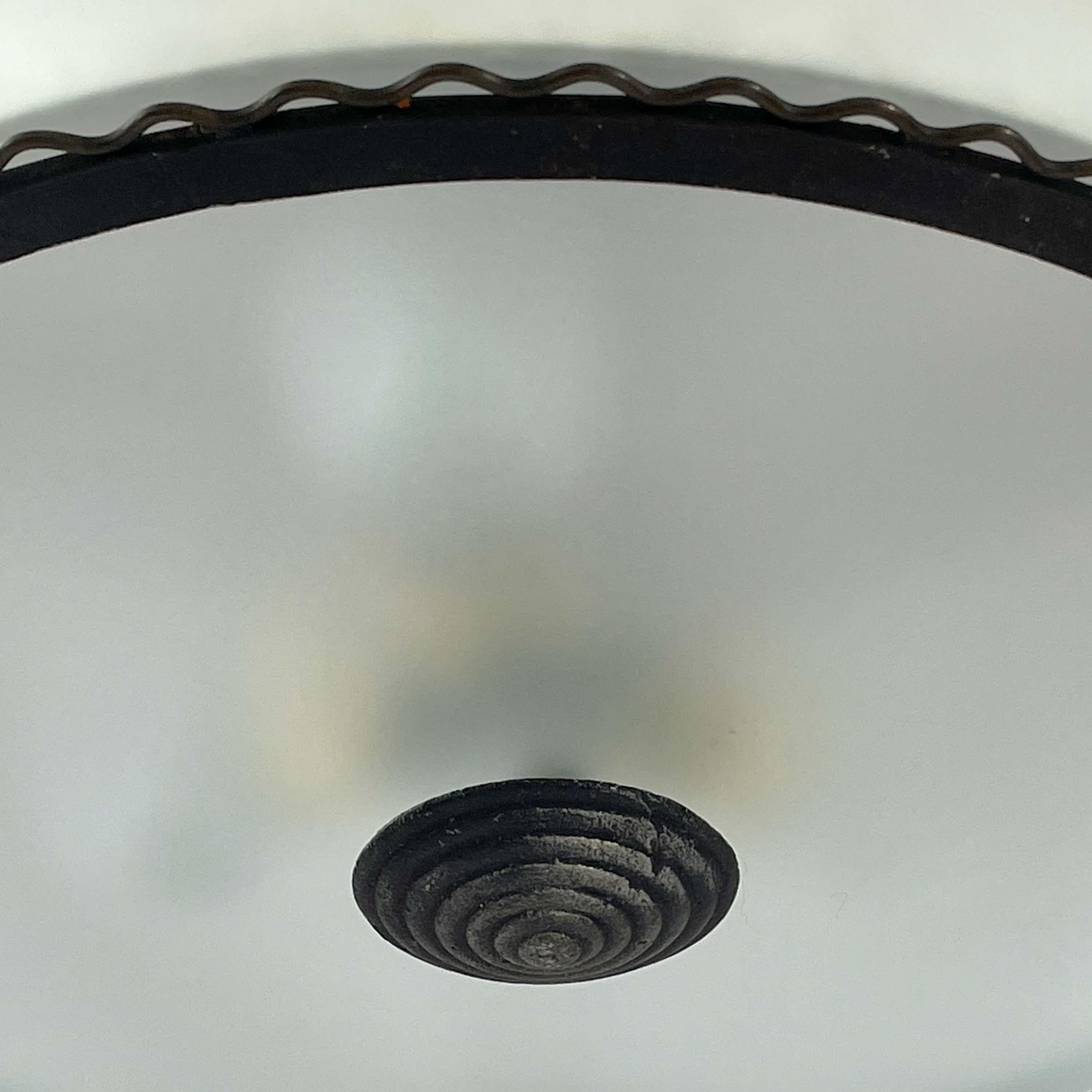 Patinated Iron, Glass & Parchment Ceiling Light by Bjerkås Armatur, Sweden 1940s For Sale 7