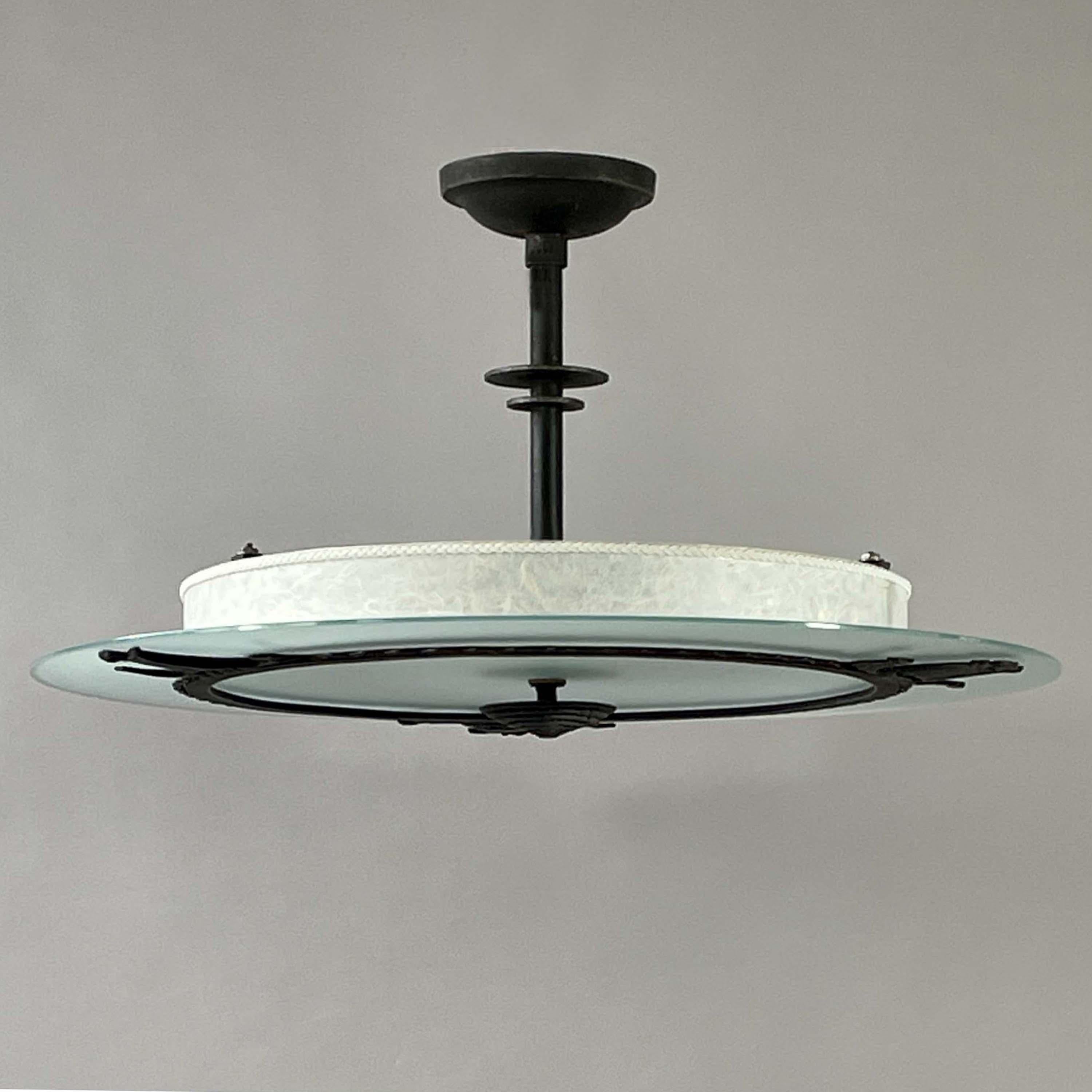 Patinated Iron, Glass & Parchment Ceiling Light by Bjerkås Armatur, Sweden 1940s For Sale 8