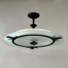 Patinated Iron, Glass & Parchment Ceiling Light by Bjerkås Armatur, Sweden 1940s