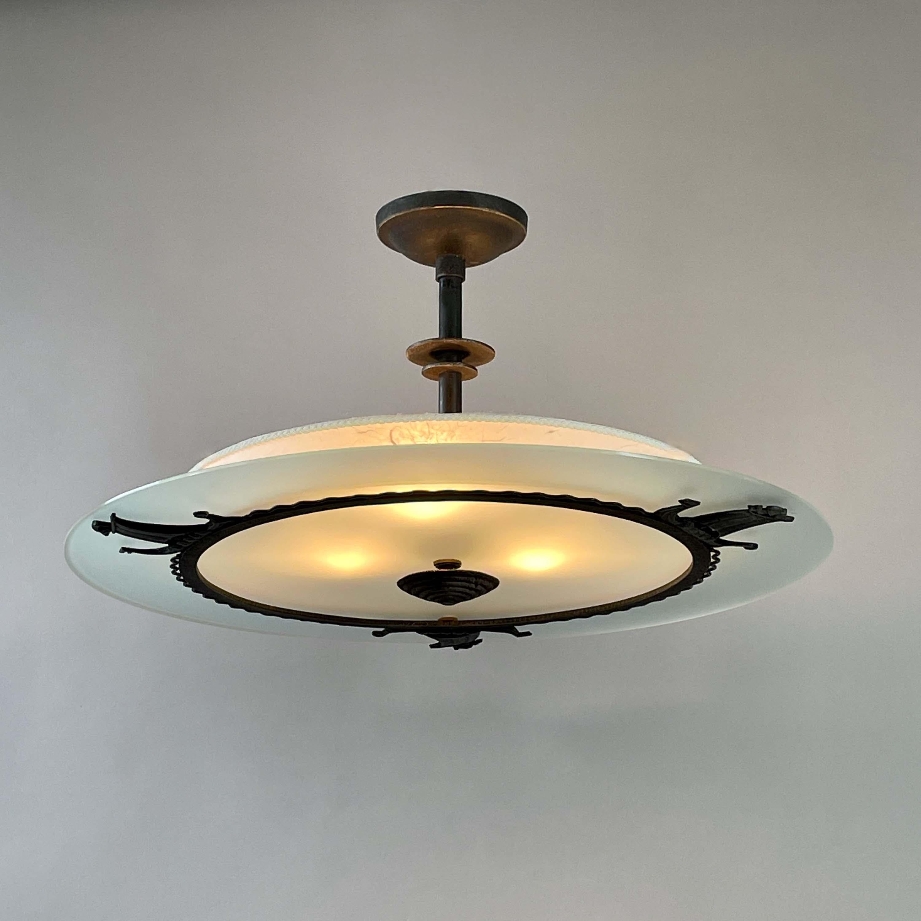Patinated Iron, Glass & Parchment Ceiling Light by Bjerkås Armatur, Sweden 1940s For Sale 13