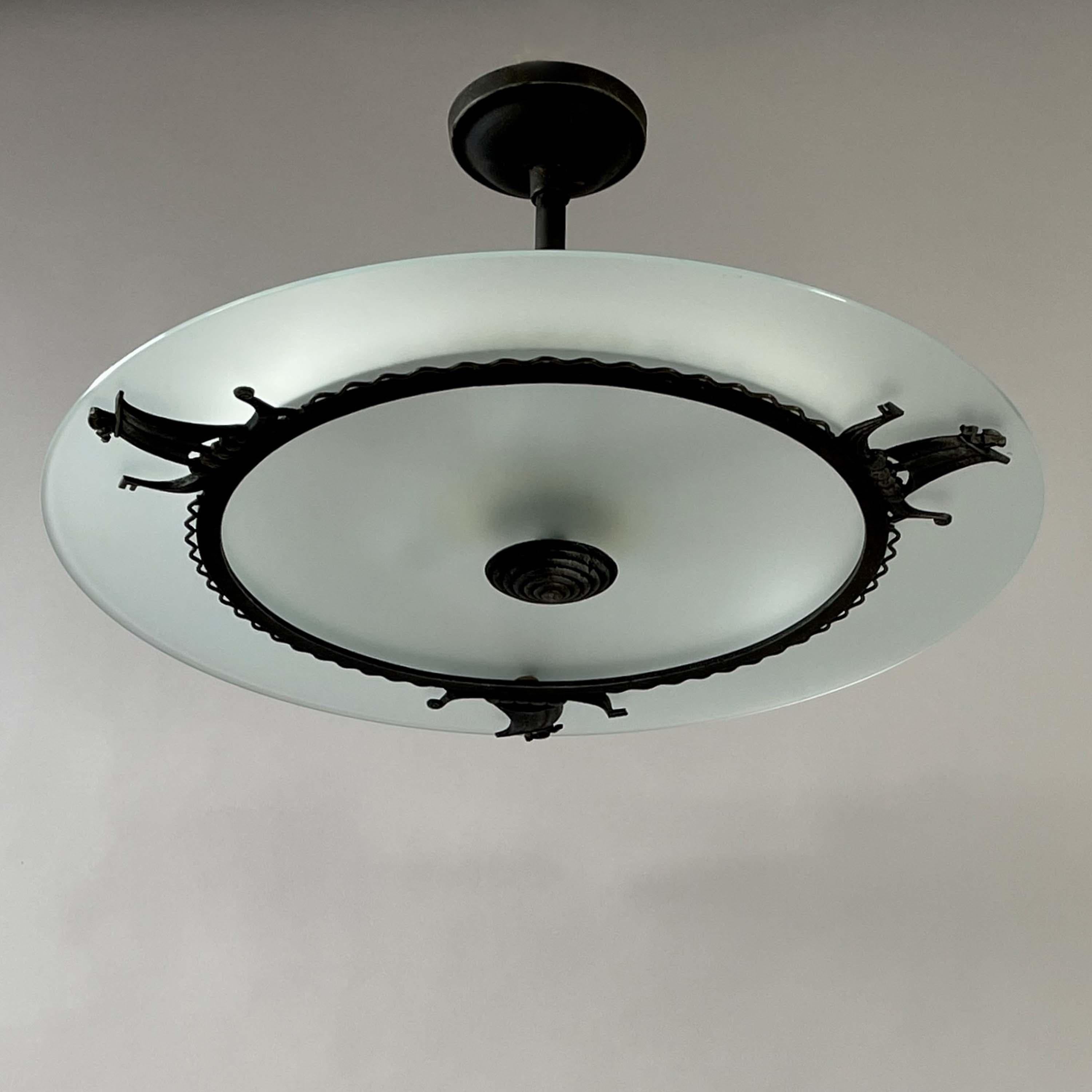 Art Deco Patinated Iron, Glass & Parchment Ceiling Light by Bjerkås Armatur, Sweden 1940s For Sale