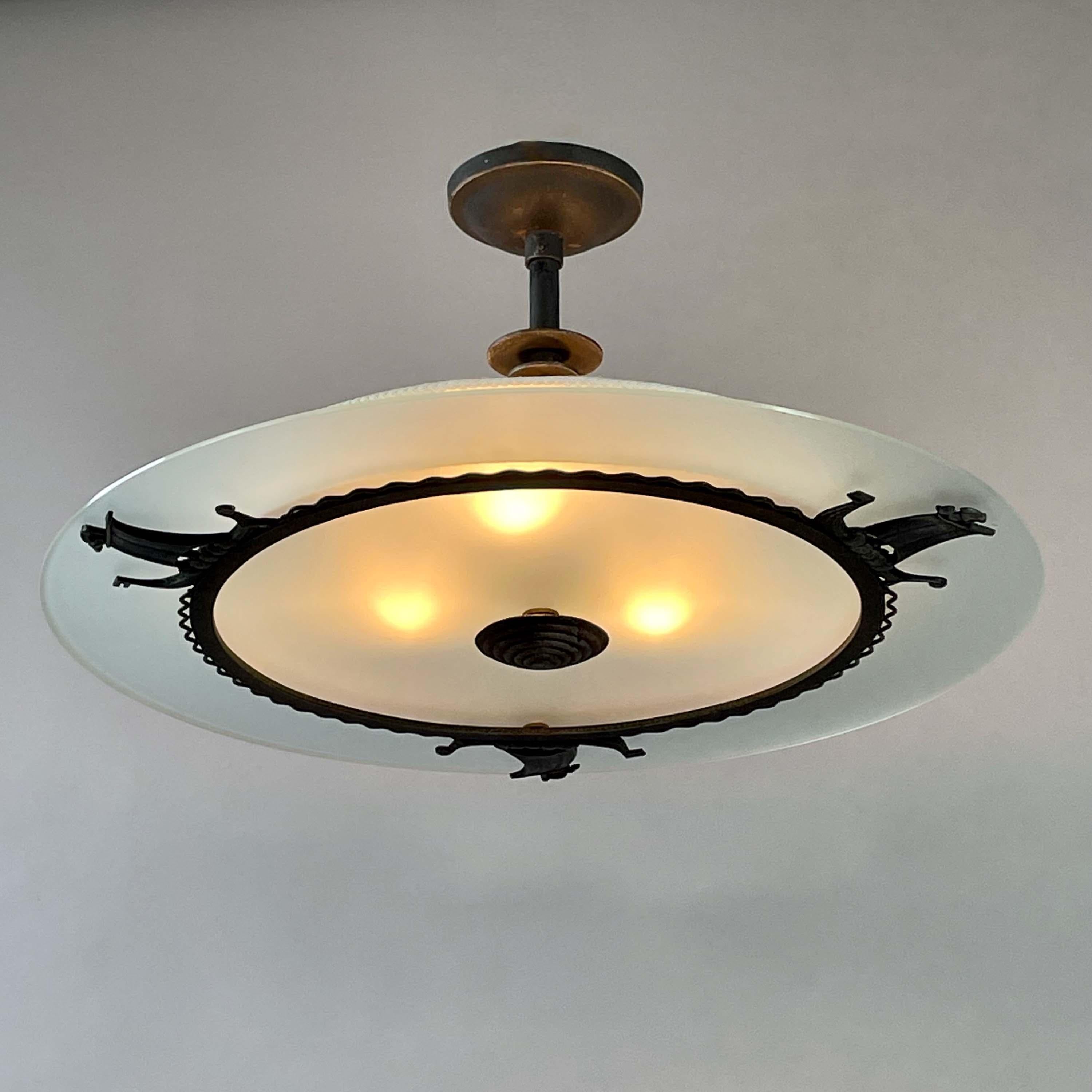Swedish Patinated Iron, Glass & Parchment Ceiling Light by Bjerkås Armatur, Sweden 1940s For Sale