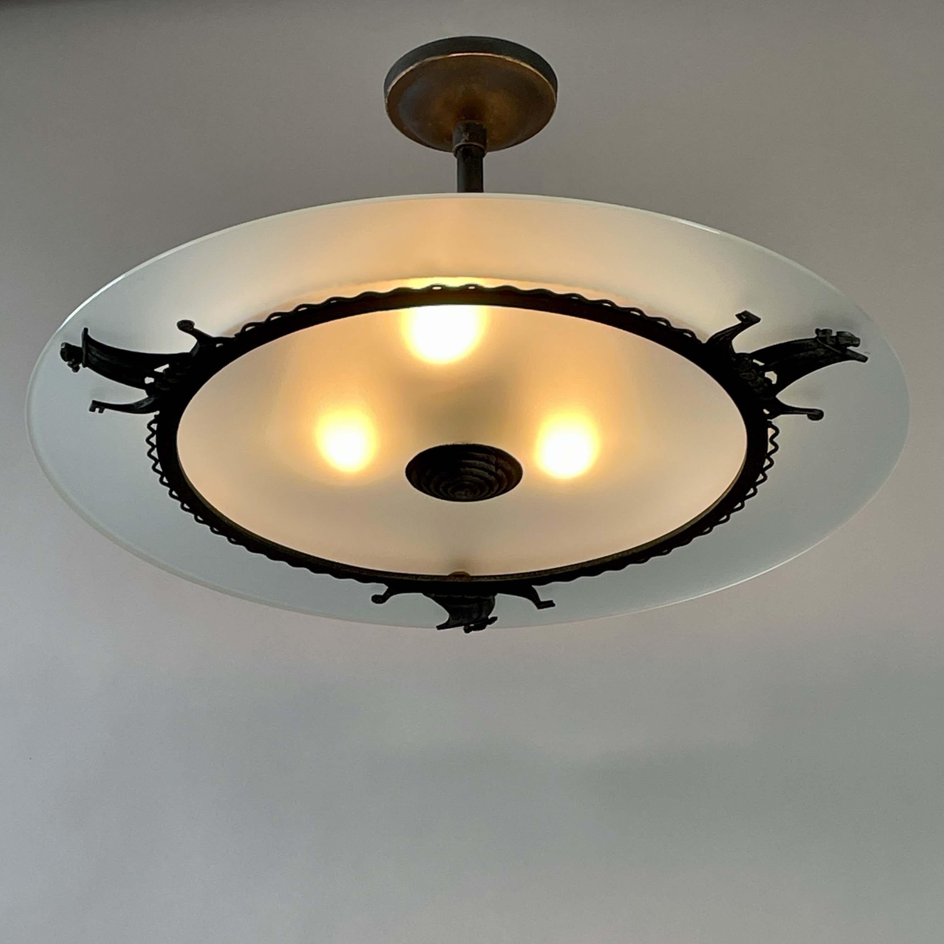 Blackened Patinated Iron, Glass & Parchment Ceiling Light by Bjerkås Armatur, Sweden 1940s For Sale