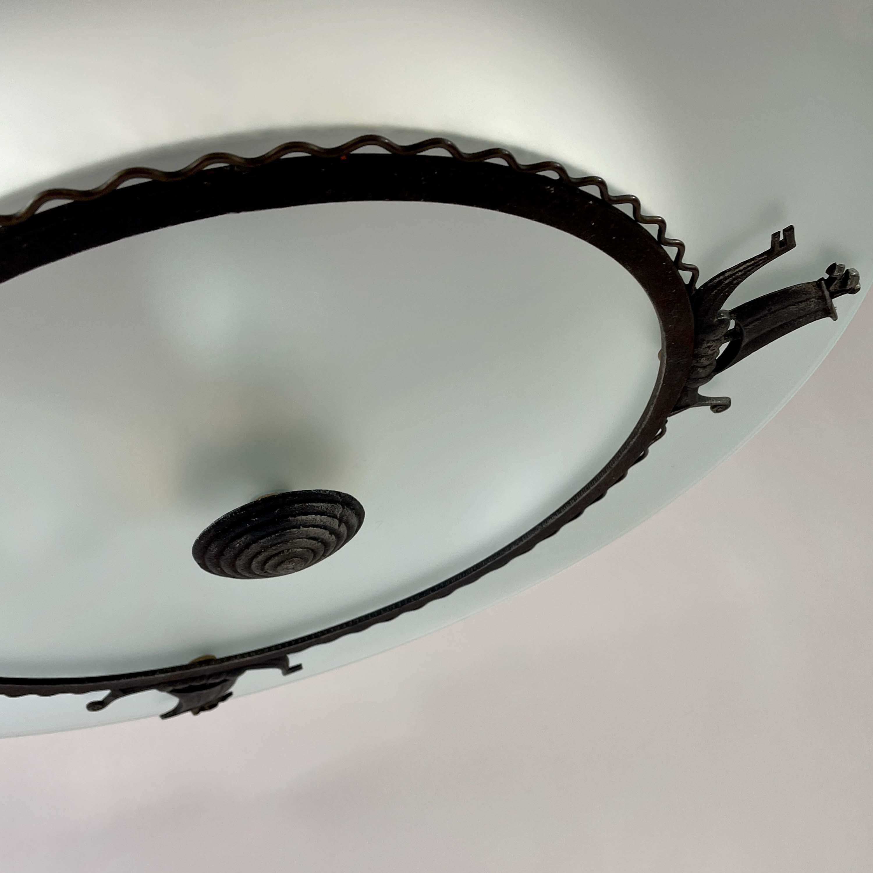 Mid-20th Century Patinated Iron, Glass & Parchment Ceiling Light by Bjerkås Armatur, Sweden 1940s For Sale