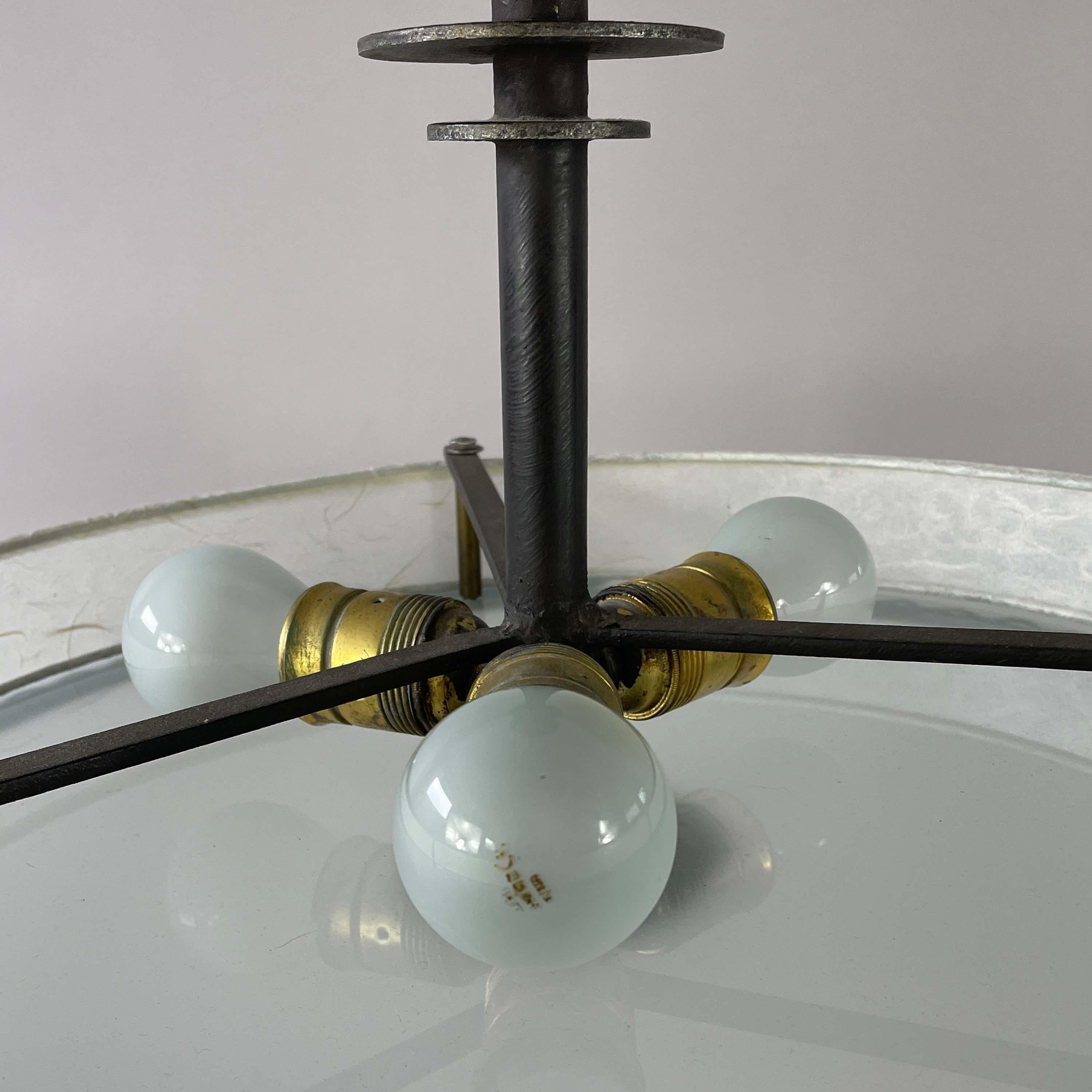Patinated Iron, Glass & Parchment Ceiling Light by Bjerkås Armatur, Sweden 1940s For Sale 1