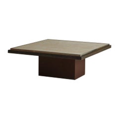 Patinated Iron Pedestal Coffee Table With Travertine Top, France, 1970s