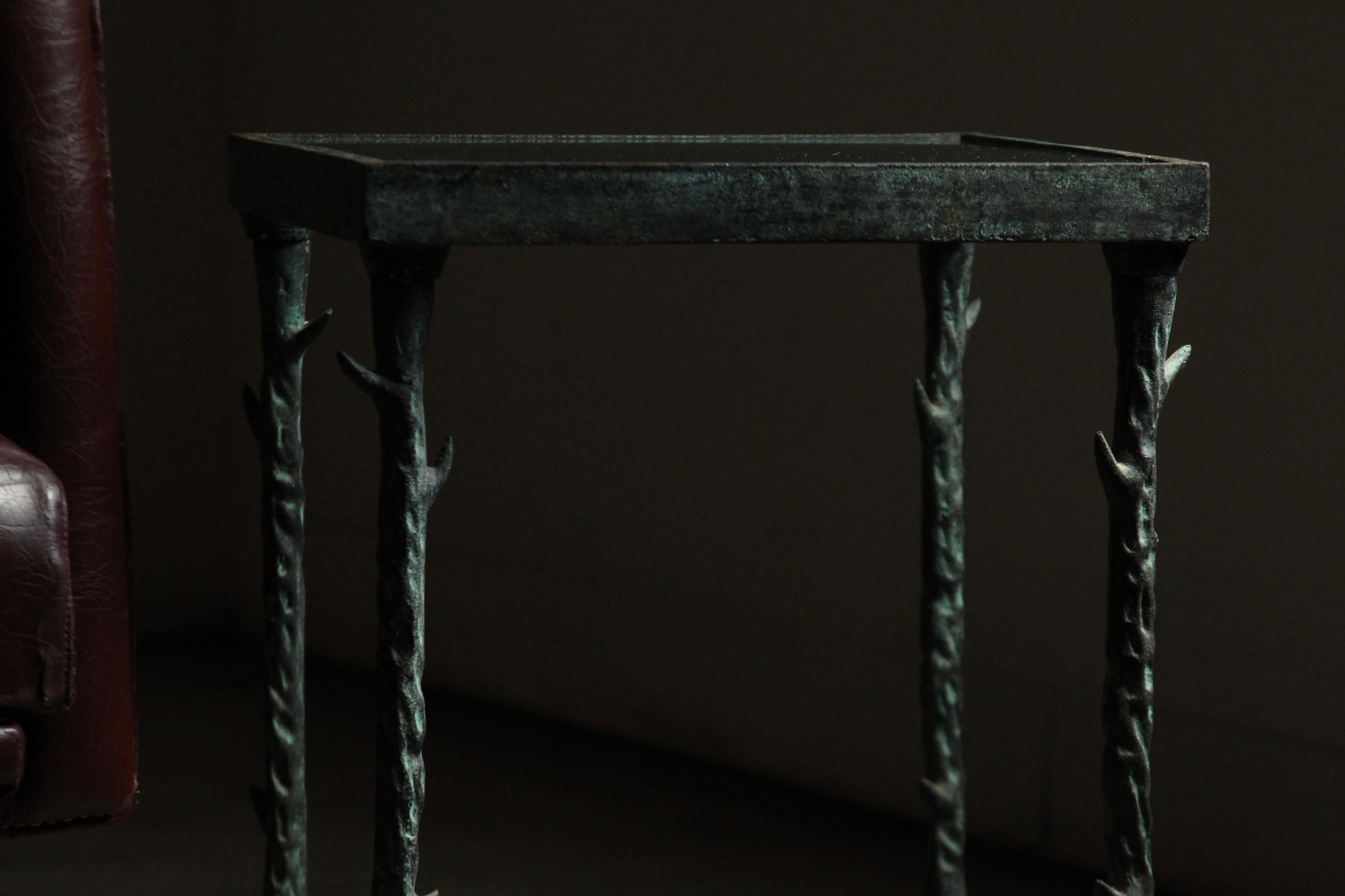 Glass Patinated Iron Side Table After Diego Giacometti, 1980s