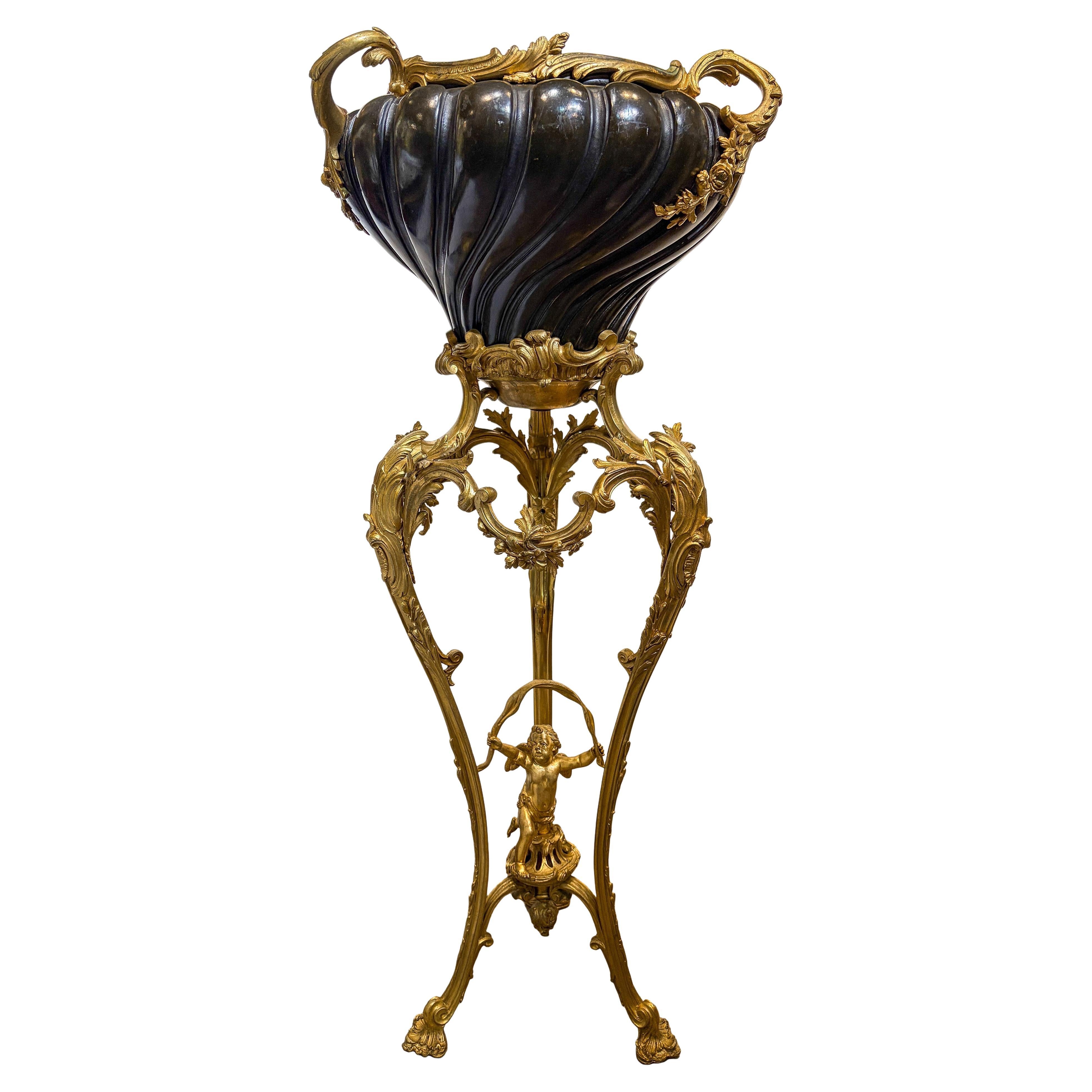 Patinated Jardiniere on Gilt Bronze Foliate Stand